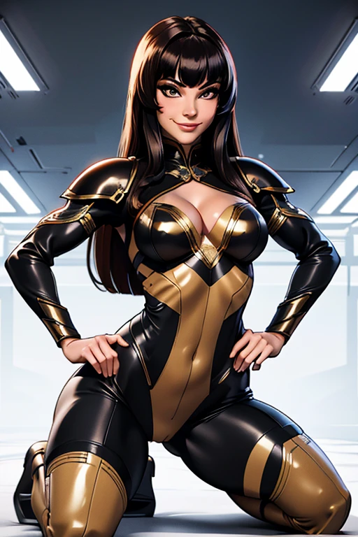 Best quality, 8k, vivid colors, best quality, 8k, woman, beautiful, big eyelashes, black straight long hair, bangs, looking to observer, little smile, cleavage,imperial soldier warrior,beige hi-tech armor over brown sheer nylon catsuit, static pose, white scenario