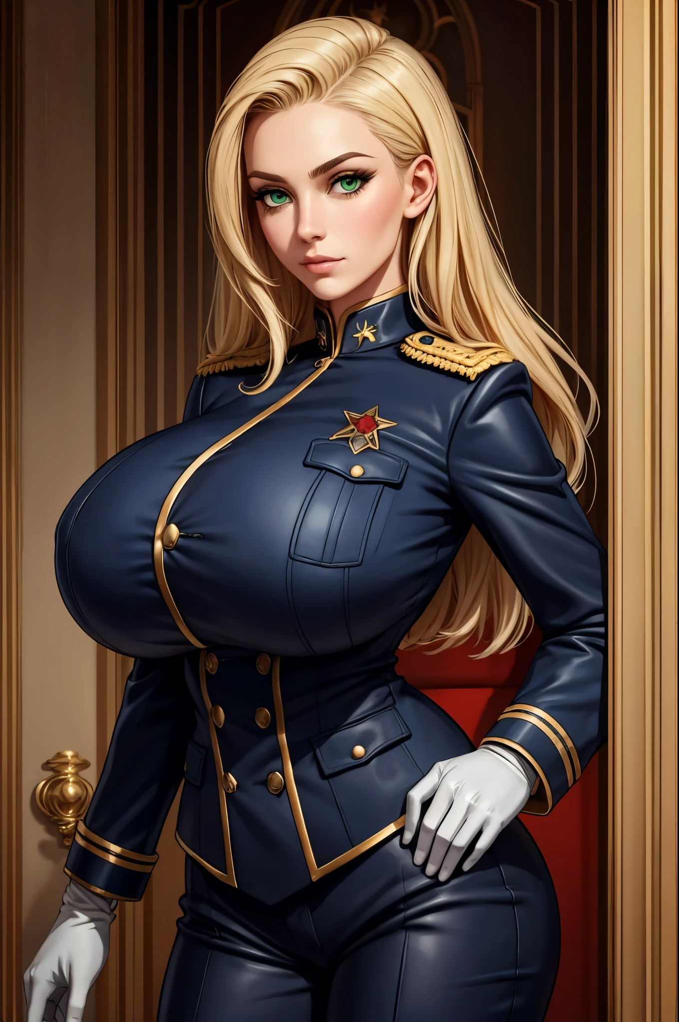 Lonely  girl, Tall stature, little chest, closed mouth, Slavic appearance: Green eyes; blond hair; sharp facial features; dimple on the chin; Straight nose; high nose; pronounced high cheekbones; high forehead, stands upright, (gigantic breasts:1.4), detailed face, military uniform:  double-breasted overcoat; pants, Full-length painting, leather gloves