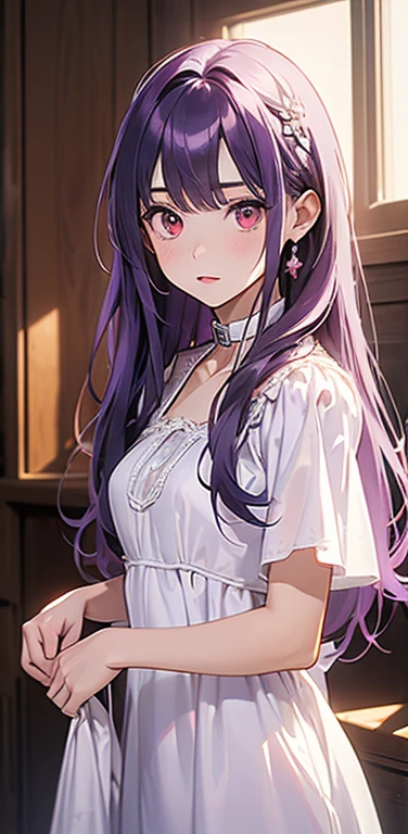 (8K、highest quality、masterpiece:1.2)、super resolution、Realistic、(1girl) 、(purple hair)、long straight hair,red eyes、(forehead:),(face focus,cowboy shot),(white dress :1.5)、(clear face:1.3),(cute face)、,small breasts,slave collar