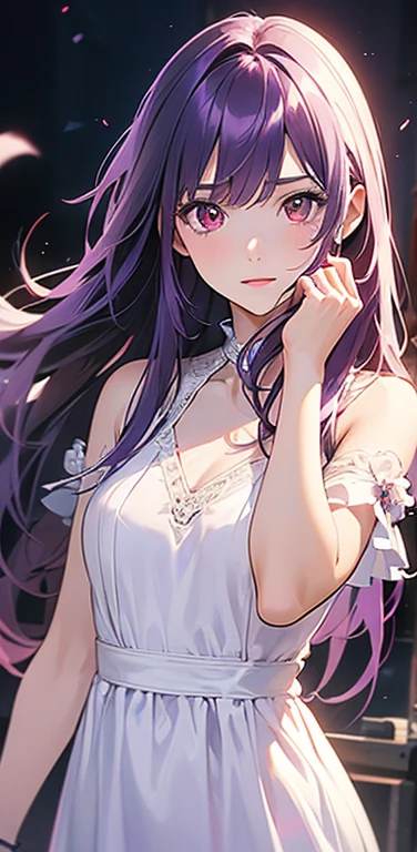 (8K、highest quality、masterpiece:1.2)、super resolution、Realistic、(1girl)  、(purple hair)、long straight hair,red eyes、(forehead:),(face focus,cowboy shot),(white dress :1.5)、(clear face:1.3),(cute face)、,small breasts,slave collar