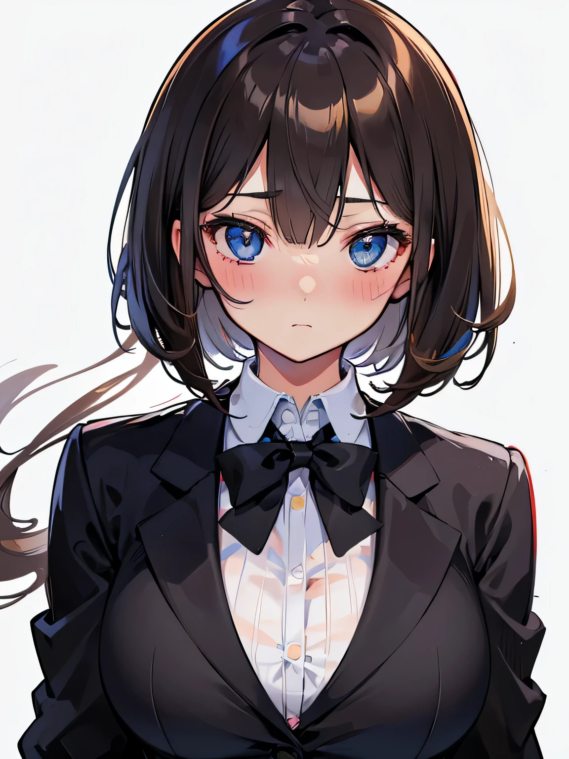 (highest quality), (Super detailed), (Best Illustration), (beautiful girl), (big breasts), (front), (Upper body), (black blazer), white background, blush all over the face, bob cut, brown hair, messy hair, hair between eyes, blue eyes