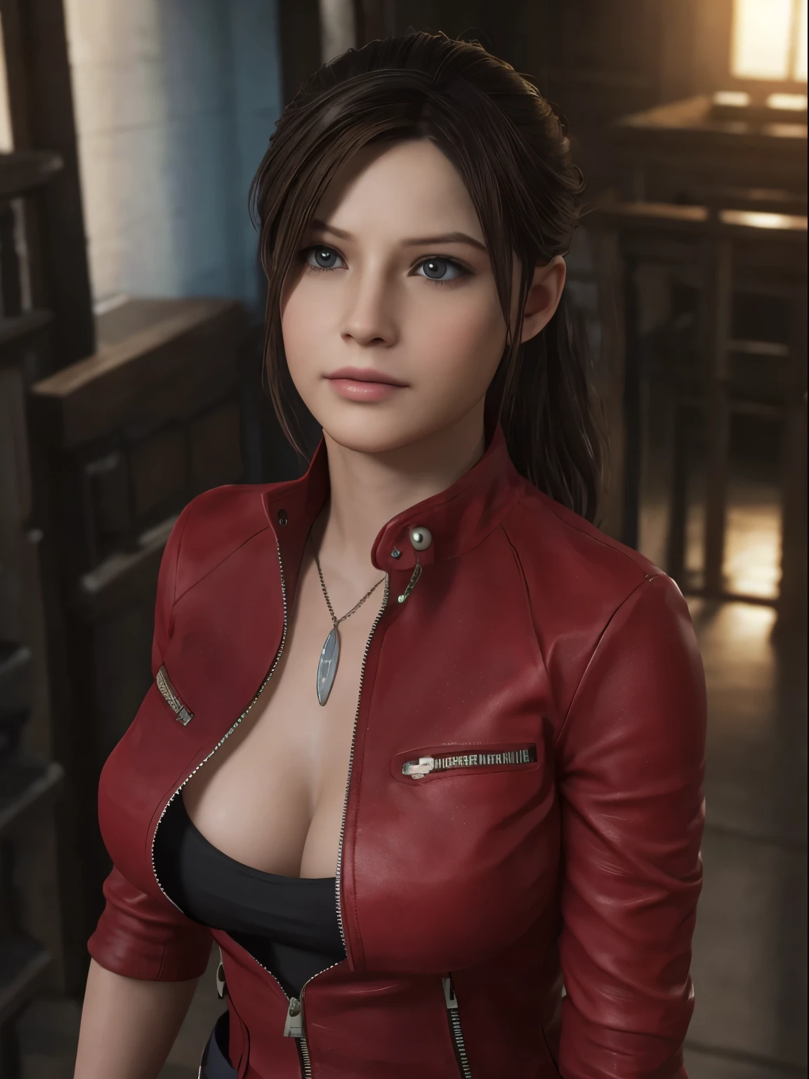 Claire Redfield, {{master part, best quality, CG extremamente detalhado, Unity 8k papel de parede, Cinematic lighting}},  1girl, Mulher nova, corpo inteiro, dia ensolarado, belos olhos detalhados, (seios grandes, clivagem), Bunda redonda, looking up at the audience, long eyelashes