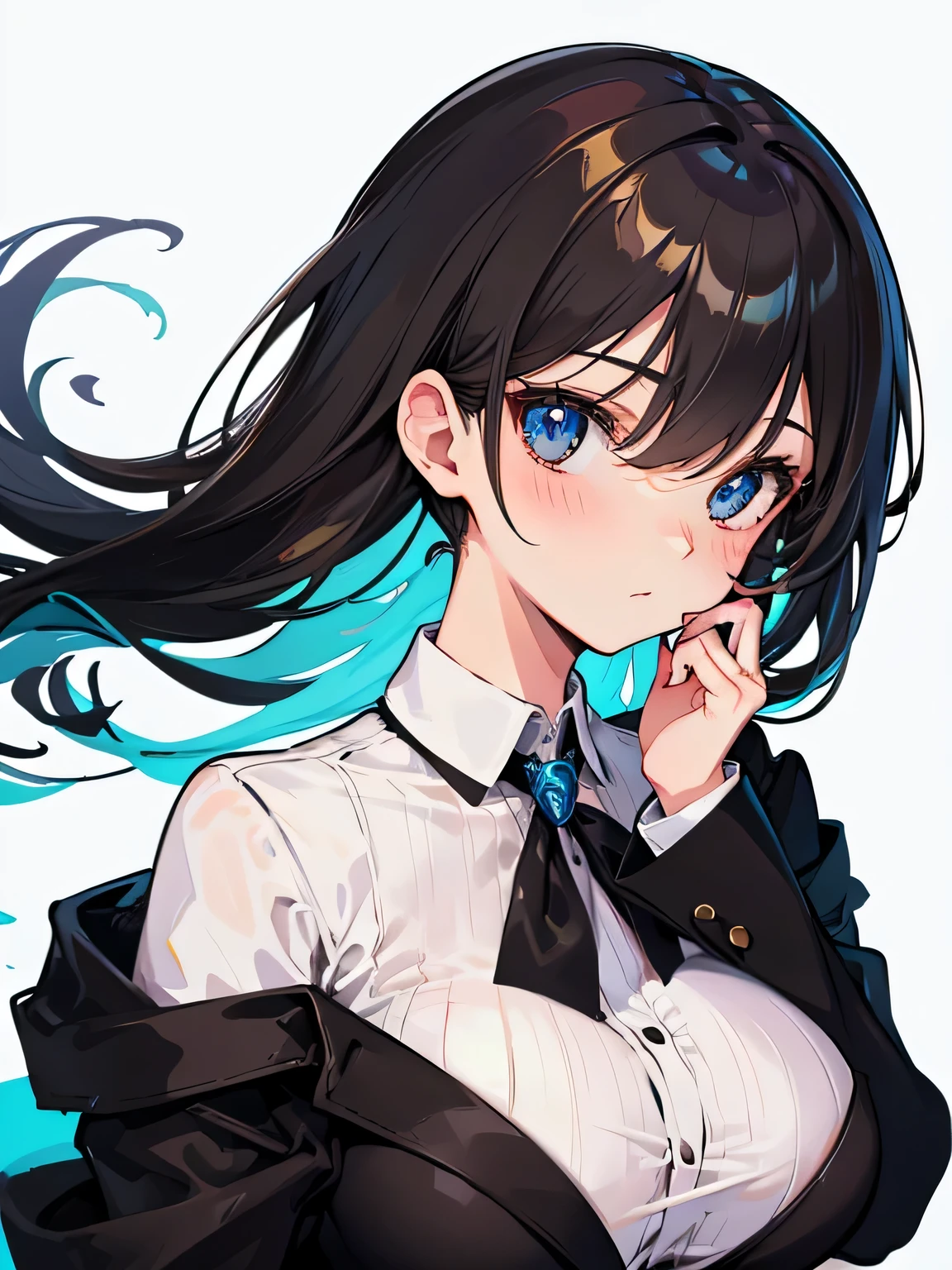 (highest quality), (Super detailed), (Best Illustration), (beautiful girl), (big breasts), (front), (Upper body), (black blazer), white background, blush all over the face, bob cut, brown hair, messy hair, hair between eyes, blue eyes