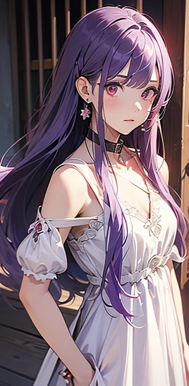 (8K、highest quality、masterpiece:1.2)、super resolution、Realistic、(1girl) 、(purple hair)、long straight hair,red eyes、(forehead:),(face focus,cowboy shot),(white dress :1.5)、(clear face:1.3),(cute face)、,small breasts,(slave collar)