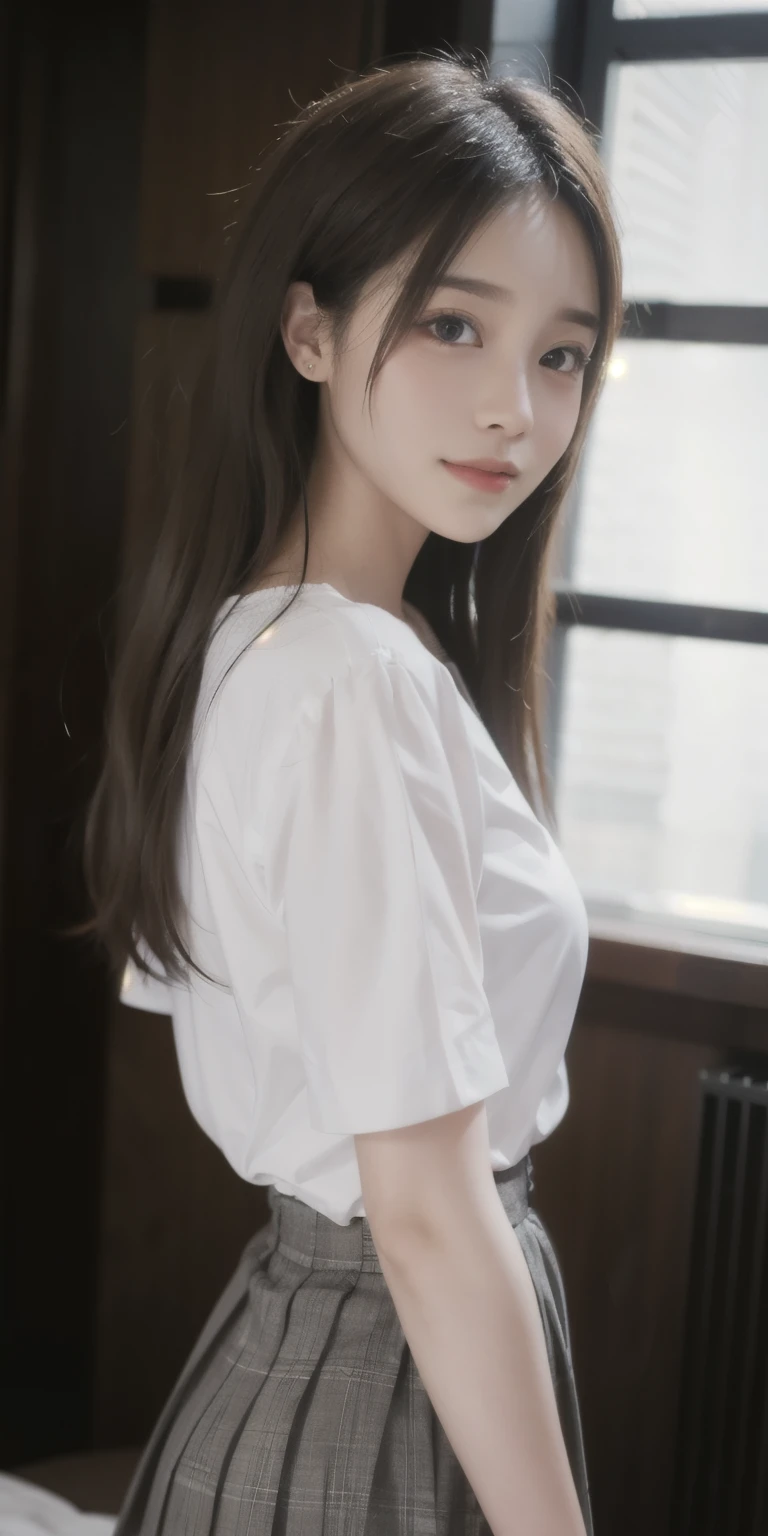 (RAW photo:1.2),expensive、expensive品質,beautiful details girl,smile,highly detailed eyes and face,beautiful and fine eyes,High resolution,High resolution,8k wallpaper,finely,Highly detailed stock code uniform 8k wallpaper,bright face,cinematic lighting,16 year old girl,pleated skirt,(photorealism:1.4),enlightenment,ultra realistic realism, view from below,super detail,master piece,realistic photo,realistic photo