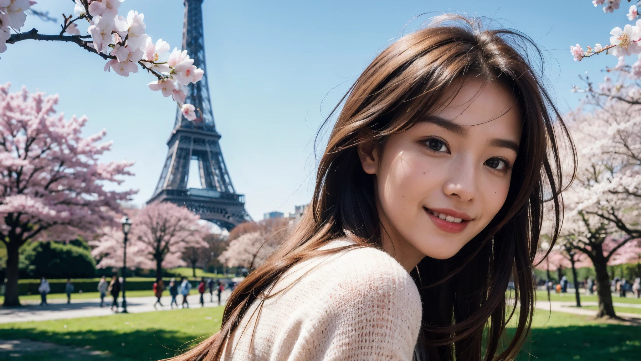 masterpiece, Best Quality, Photorealistic, Ultra-detailed, finely detailed, High resolution, 8K Wallpaper, 1 beautiful woman, light brown hair, sharp focus, Perfect dynamic composition, Beautiful detailed eyes, detailed hairs, Detailed realistic skin texture, Smiling, portrait, Model body type, Take a walk in the park with cherry blossoms and Eiffel Tower background,