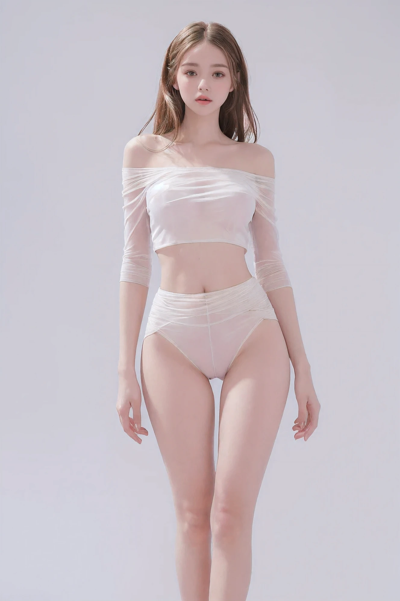 (masterpiece, best quality), pale skin, (baby face), Island beach background, (see through off the shoulder, Transparent crop top, high waist skirt, tight mini skirt:1.3), (thin thighs:1.9, Willow Yao, thin body, long legs, slim legs:1.9), blonde hair, (huge , Lift your hips, straight legs), Show belly button, (wide thigh gap:1.6, wide gap between thighs:1.6), whole body forward, Nipple protrusion, pink bumps, Camel toe bump, (Facing age Barbara Palvin)