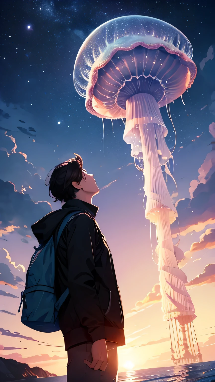 A man and a woman are looking at the sky with a large jellyfish.