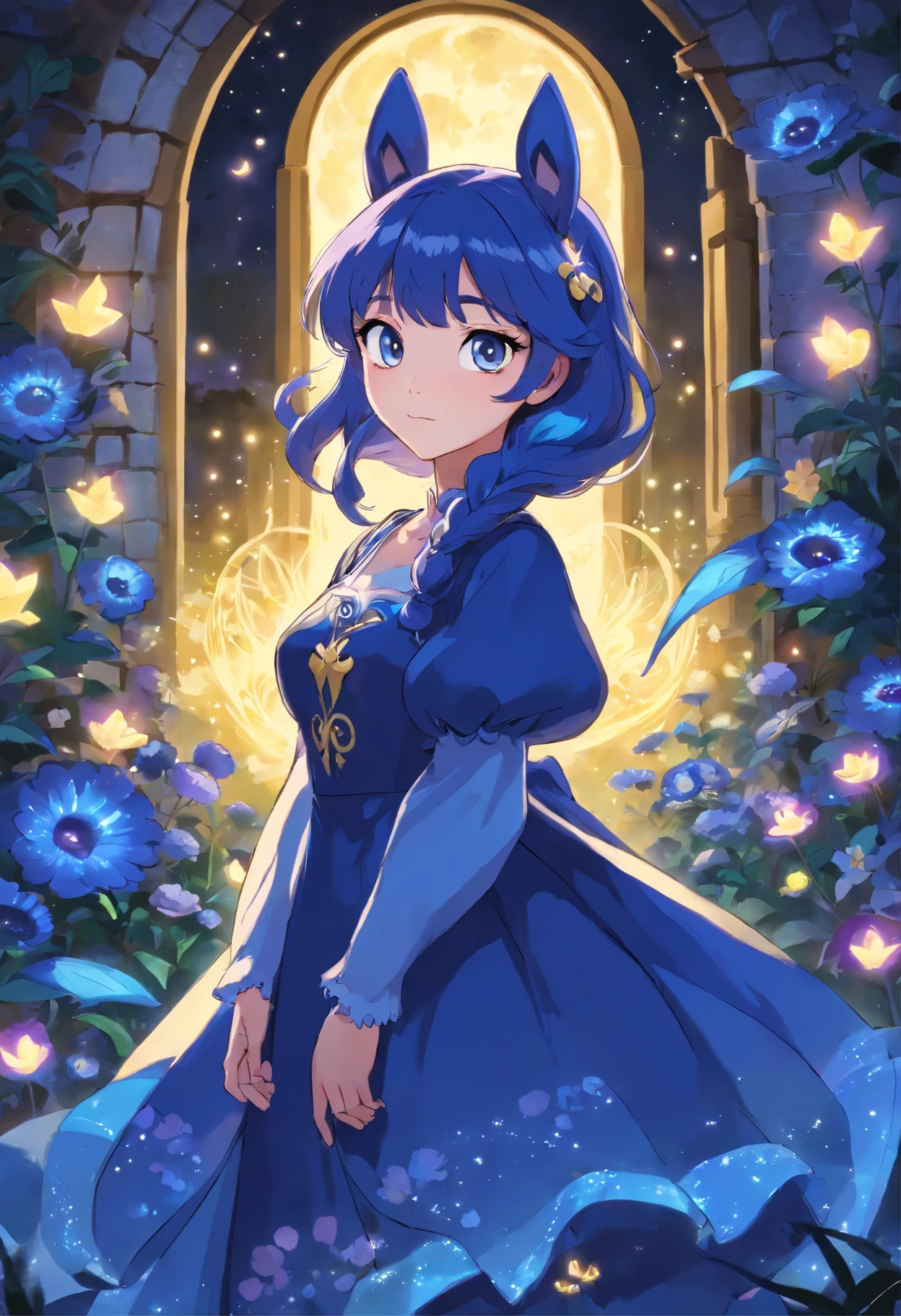uma garota que seja a Princess luna (humanized)de My Little Pony. cabelos longos, vestido preto, num jardim a noite. Retrato honesto