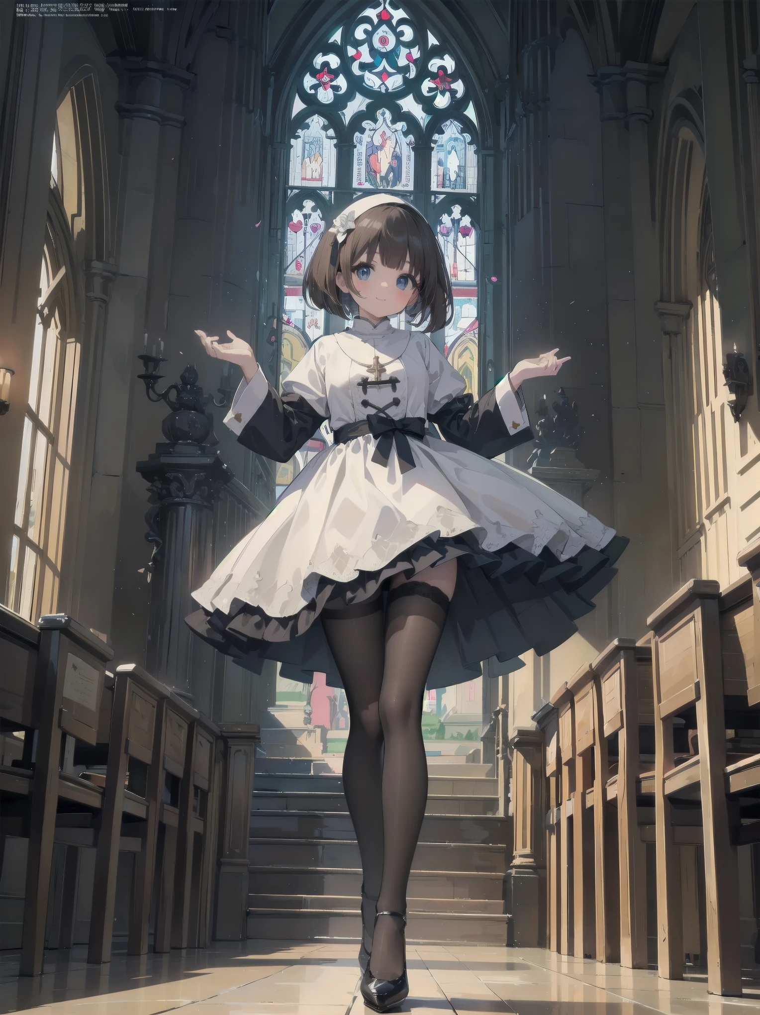 (Ultimate masterpiece), (Superb quality), (Ultra-detailed), High resolution, Ultimate beauty, High saturation, Vivid,.
Artistic AI Art Galaxy、one girl、dynamic pose、
1 beautiful girl, (cute girl), (thighs, black tights), (high heels), (cathedral dress), convent dress,
Super smile, brown hair, one length bob cut braided, (standing, dynamic pose), (dainty pose, super cute), oldest and historic place of worship, indoor background,
Fashion magazine shoot, professional shading, best illustration of her looking pretty.