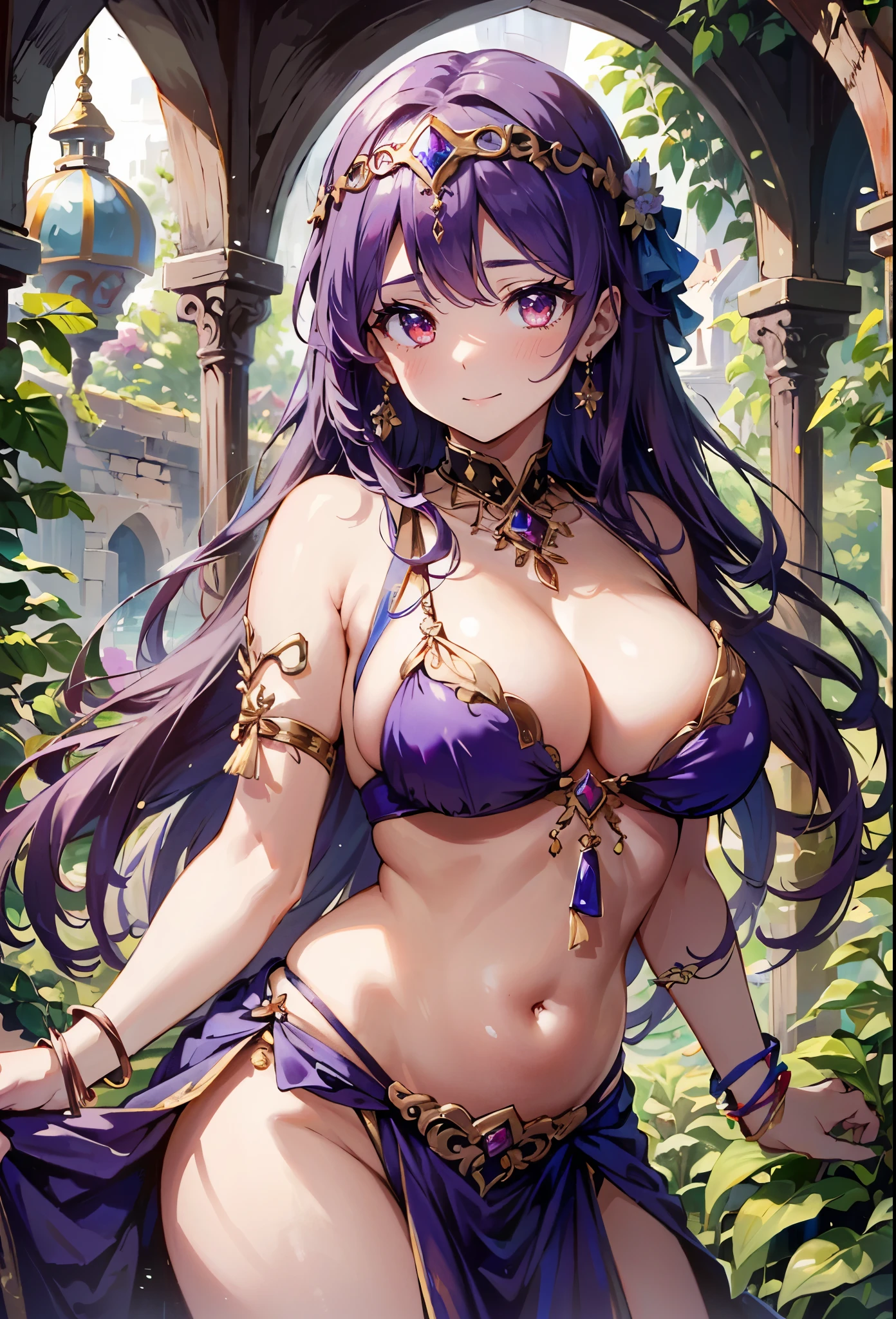 high quality, ultra detailed, best quality, insanely detailed, beautiful, masterpiece, 1girl, garden, medieval Europe, cowboy shot, red eyes, long hair, light purple hair, (belly dancer, harem outfit, pelvic curtain:1.2), purple costume, bare legs, circlet, earrings, armlets, bracelets, bashful smile, dancing, large breasts, cleavage, soft stomach