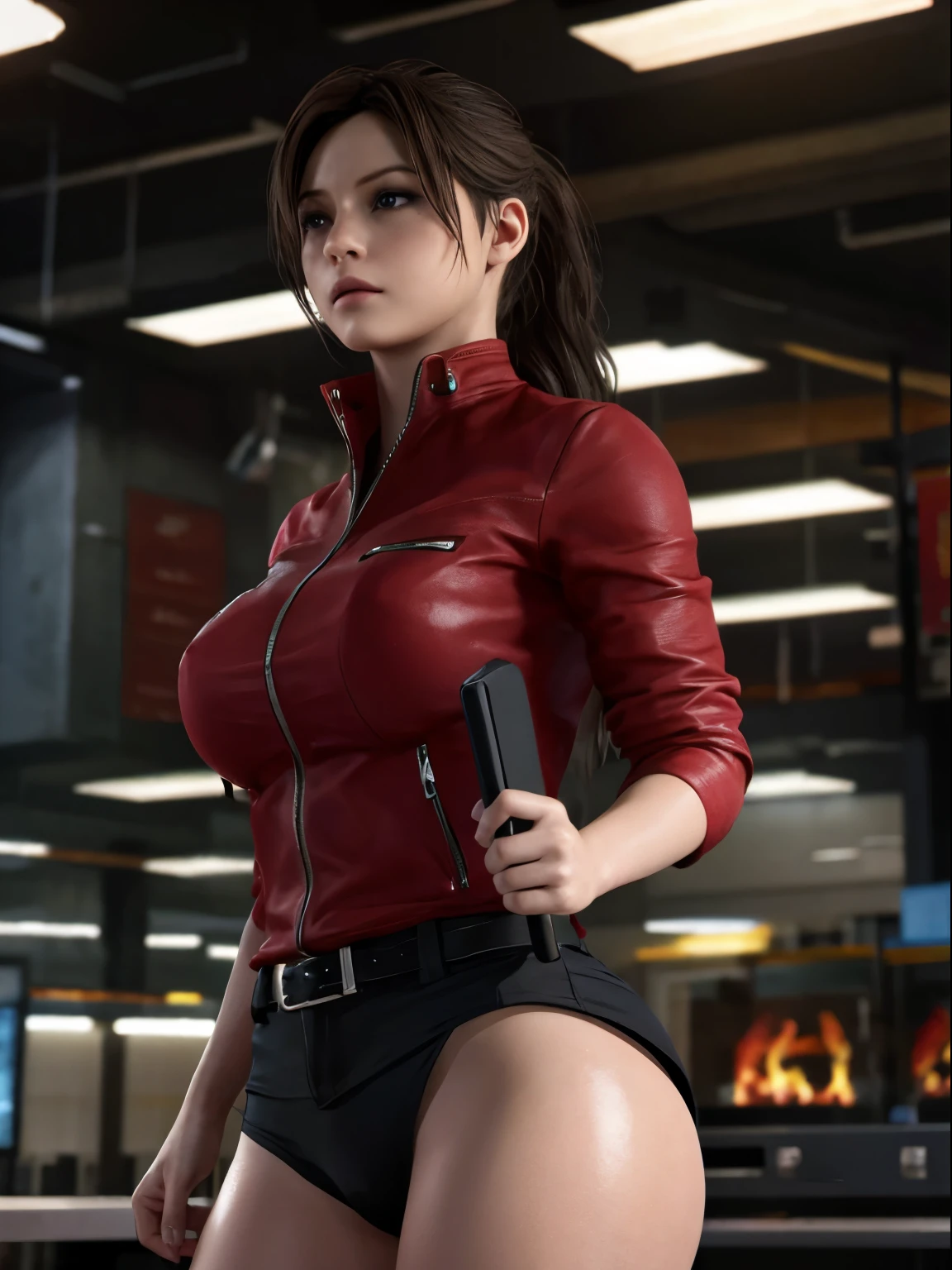 Claire Redfield, {{master part, best quality, CG extremamente detalhado, Unity 8k papel de parede, Cinematic lighting}},  1girl, Mulher nova, corpo inteiro, dia ensolarado, belos olhos detalhados, (seios grandes, clivagem), Bunda redonda, looking up at the audience, long eyelashes