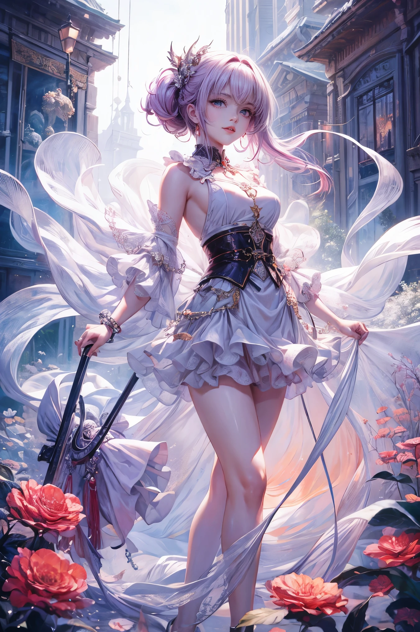 works of masters，higher quality，ultra high resolution，8K resolution，Depth of the bounds written，with panoramic view，first person perspective，slim waist，long legs，floating hair，lolita costume，Bright colors，That&#39;s a perfect face，girl，the only person，smile，red lips，Big eyes，white long hair，purple hair big breasts，Bob head，bracelet，collar，bangle，frills，string，white gauze shawl，fur shawl，towards the viewer，evening，temple，natural soft light