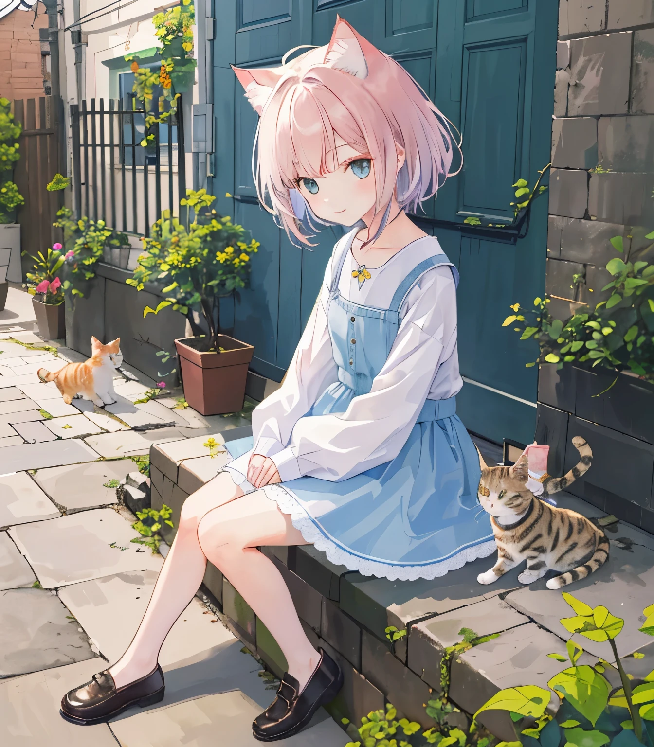 best quality, high resolution, distinctive image, (many (detailed) small cats) with a girl:1.3), focus on cats, small (detailed) Girl around cats,The background is a back alley, detailed阳光, sitting, girl looking at viewer, Front view, (Cat looking at the viewer:1.2), sitting on the floor grasping knees, (happy:1.3) , (kitten)