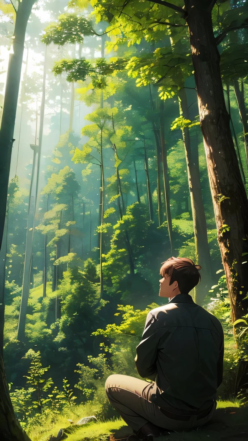 A man and a looking at the green forest she sets in a hill top.