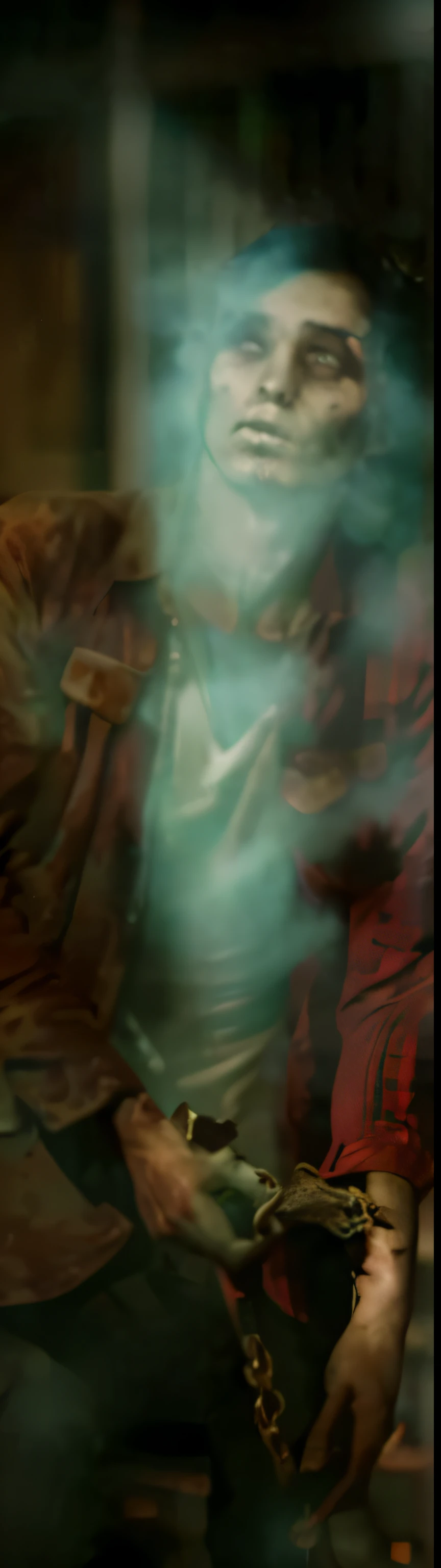(Best quality, 8k, 32k, Masterpiece, UHD:1.2) "Transform the subject into a terrifying zombie with decaying flesh, sunken eyes, and a menacing expression. Start by altering the subject's facial features to appear more gaunt and skeletal, with hollowed cheeks and prominent bones.

Distort the skin texture to simulate decay, adding patches of rotting flesh, exposed muscle tissue, and open wounds. Incorporate bruising, discoloration, and blood stains to enhance the gruesome appearance of the zombie.

Adjust the subject's eyes to appear lifeless and glazed over, with dilated pupils and dark circles to convey an eerie and unsettling gaze. Consider adding subtle glowing effects to suggest an otherworldly presence or supernatural affliction. ((zombie))

Modify the subject's clothing and accessories to appear tattered, torn, and blood-stained, reflecting the chaotic and savage nature of a zombie apocalypse. Add elements of dirt, grime, and debris to further enhance the sense of decay and deterioration.

Experiment with dynamic and cinematic lighting to create dramatic shadows and highlights, intensifying the ominous atmosphere and adding depth to the scene. Utilize eerie hues of green, blue, and gray to evoke a sense of dread and unease.

Incorporate subtle visual effects such as smoke, fog, or mist to enhance the eerie ambiance and add an element of mystery to the composition. Experiment with composition and framing to create a compelling and chilling portrayal of the transformed zombie.

Overall, the goal is to evoke a sense of horror and dread through the transformation of the subject into a terrifying zombie. Pay close attention to detail and atmosphere to create a truly spine-tingling depiction of the undead." ((refelction)) ((undead))