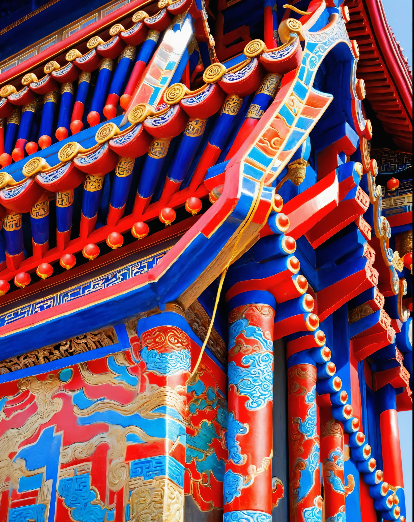 Close-up of top building, Chinese architecture, Details and vibrant colors, intricate details屋顶, gold,red,,blue,White,In line with ancient Chinese aesthetics, Chinese architecture, Chinese heritage, style of architecture, chinese palace, complex building, intricate details, Chinese temple, Ancient Chinese gorgeousness, colorful buildings, A colorful and intricate masterpiece, Detailed architecture, Spectacular details,background:blue sky,look up,