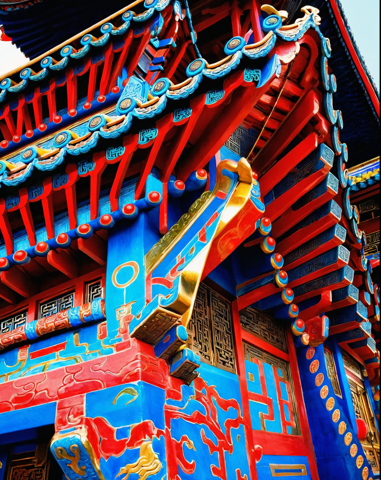 Close-up of top building, Chinese architecture, Details and vibrant colors, intricate details屋顶,  gold，red，，blue，White，In line with ancient Chinese aesthetics, Chinese architecture, Chinese heritage, style of architecture, chinese palace, complex building, intricate details, Chinese temple, Ancient Chinese gorgeousness, colorful buildings, A colorful and intricate masterpiece, Detailed architecture, Spectacular details，background：blue sky，look up，