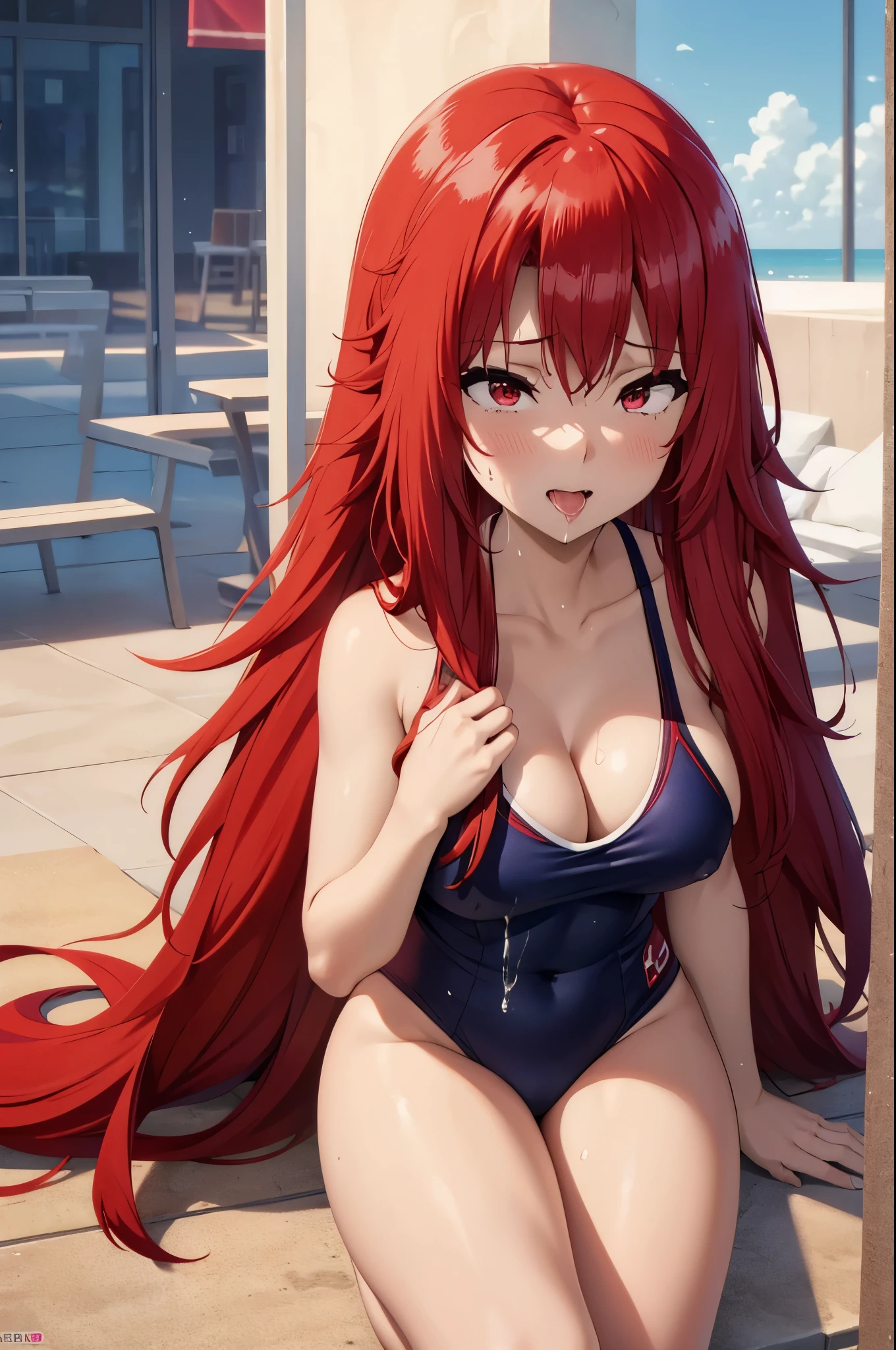 red eyes,red hair,masterpiece,best quality,highres,ultra-detailed,aamitsuri,long hair,,bangs,cleavage,school swimsuit,blue swimsuit, swimsuit,one-piece swimsuit,ahg rolling eyes tongue ((blusch,pleasure,orgasm,holding back moans))