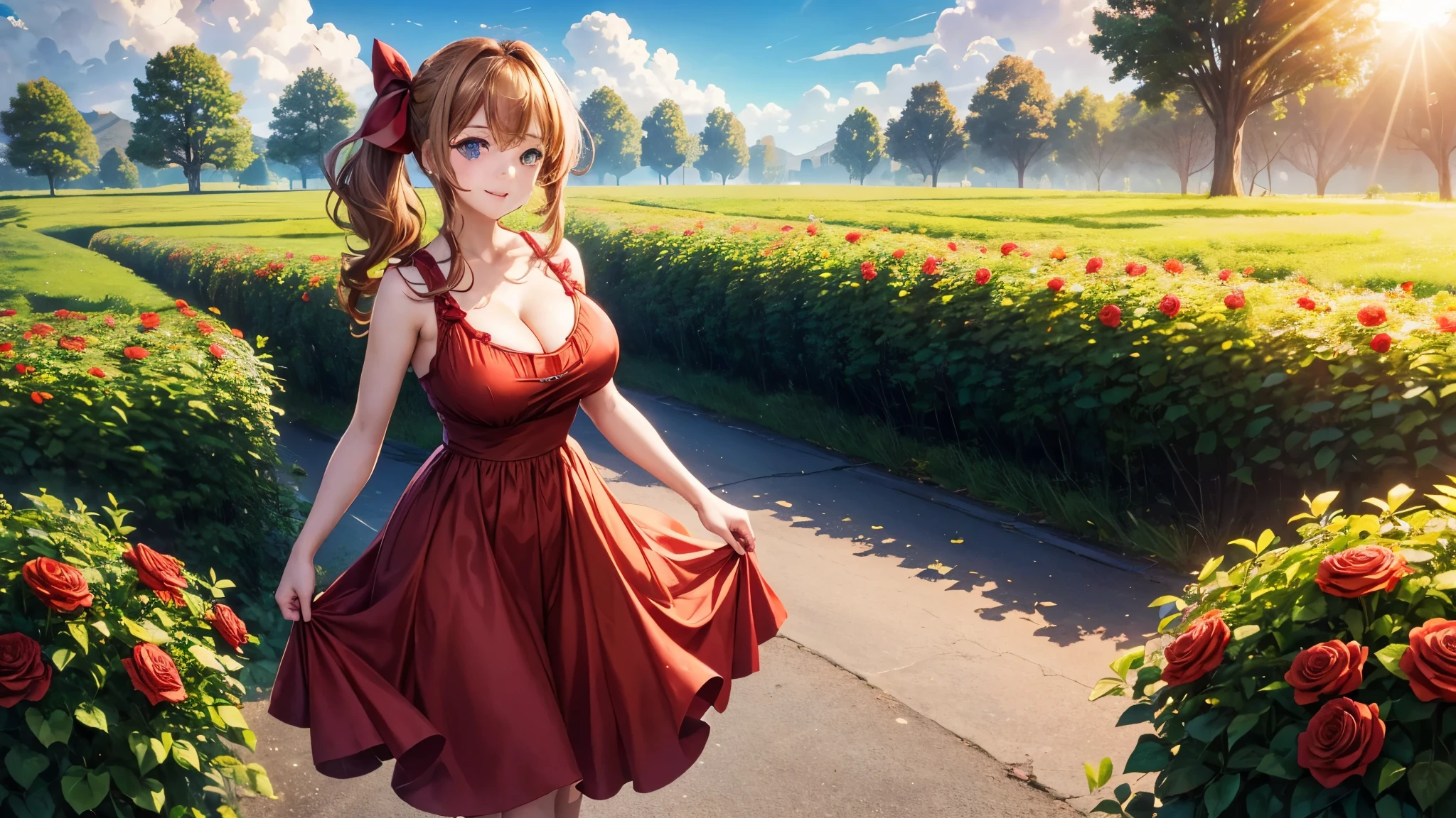 1girl, solo, summer, village, trees, sun, clouds, chestnut hair, curly hair, side ponytail, large breasts, beautiful red dress, sleeveless dress, roses, dark blue eyes, cleavage 1:3, brown shoes, grin, looking at the viewer, standing, hair ribbon, golden necklate