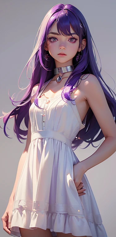 (8K、highest quality、masterpiece:1.2)、super resolution、Realistic、(1girl)  、(purple hair)、long straight hair,red eyes、(forehead:1.2),(face focus,cowboy shot),(white simple dress :1.5)、(clear face:1.3),(cute face)、,small breasts,(slave collar)