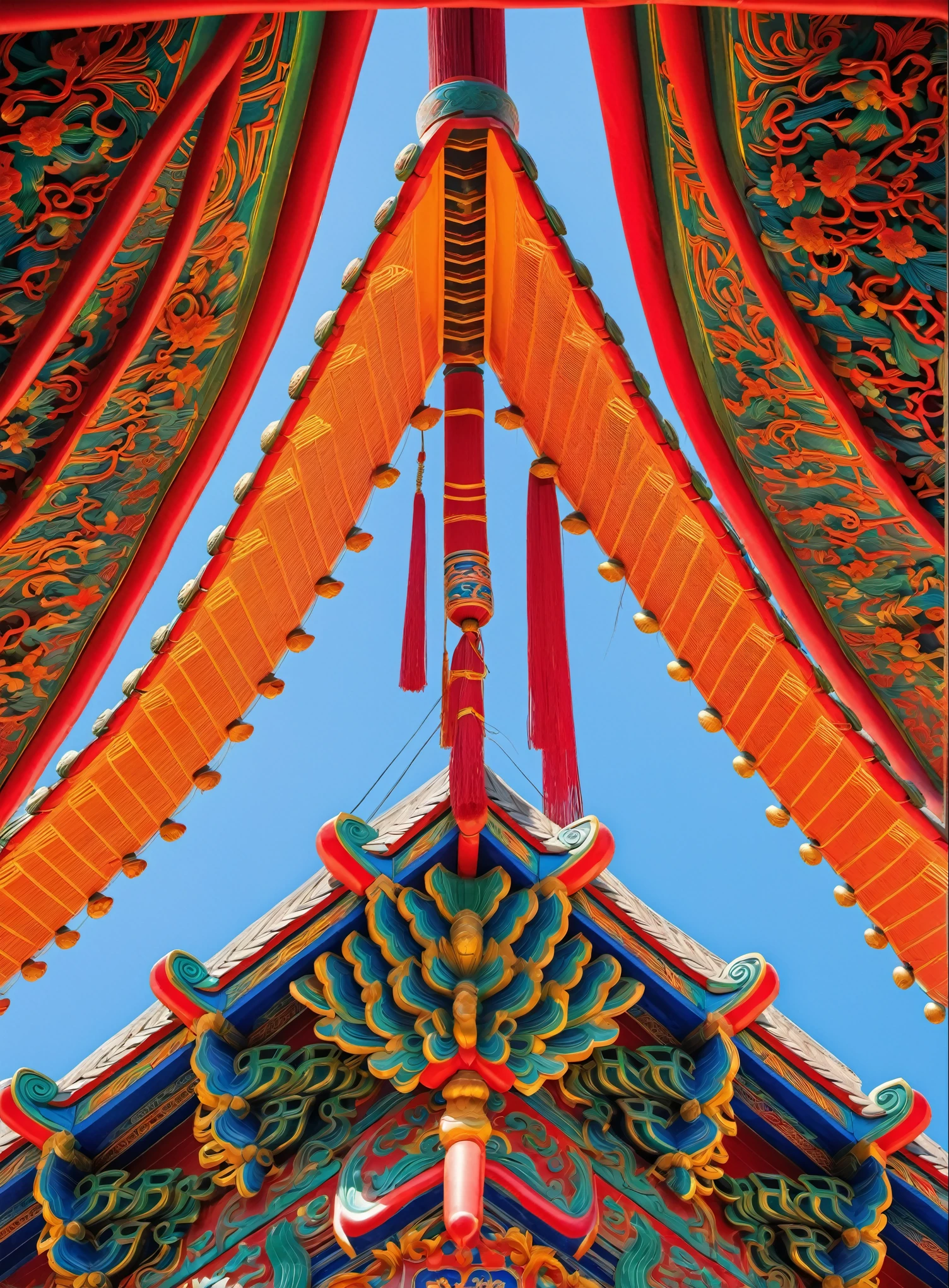 roof of a building, Chinese architecture, intricate detail roof, Chinese heritage, style of architecture, Chinese temple, A colorful and intricate masterpiece, Details and vibrant colors, symmetrical details, ancient chinese aesthetics,background:blue sky