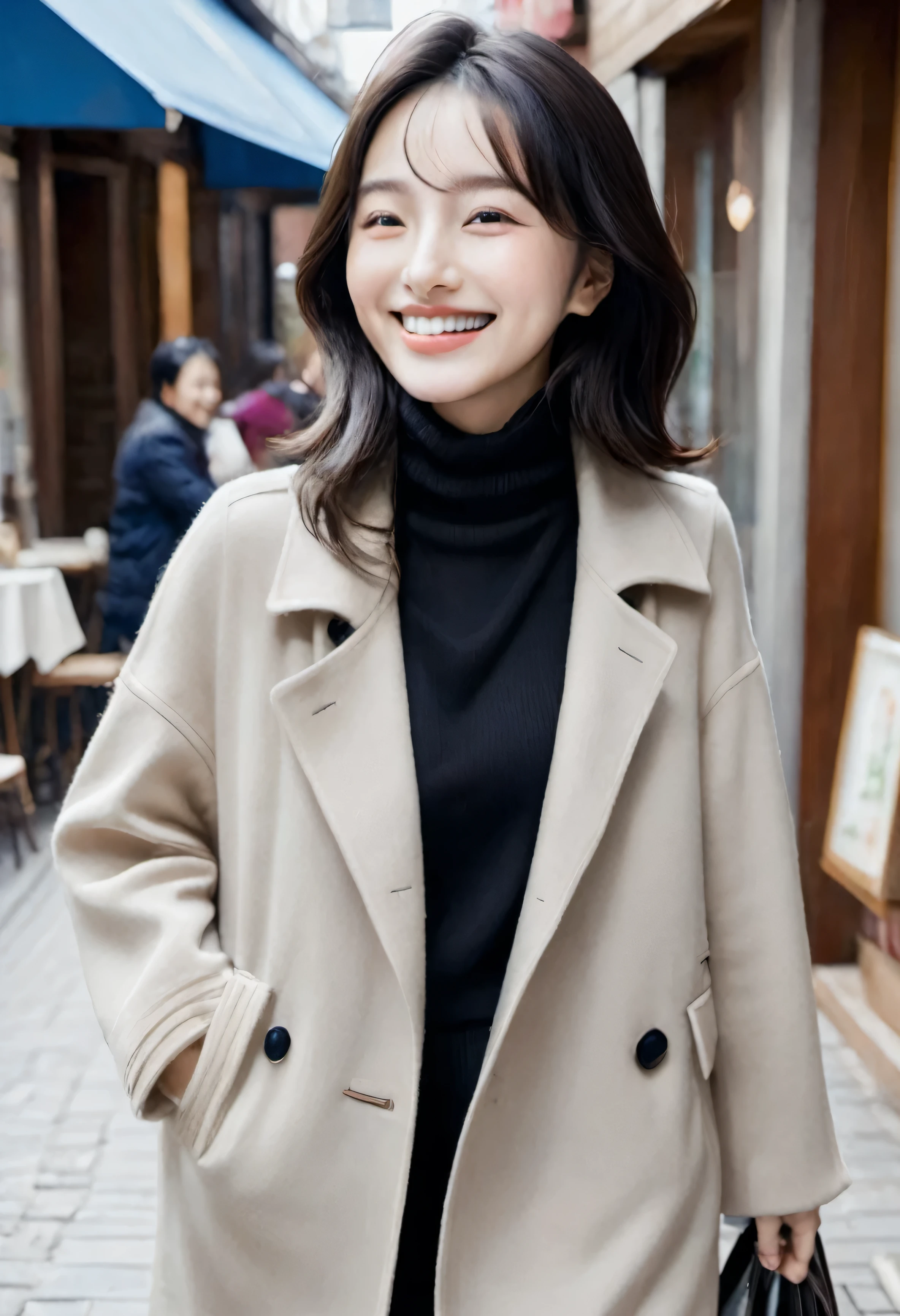 Beautiful woman turning around、smile、modern、city、outside the cafe、trending fashion、Self-filled look、looking at camera、A lively city、subtle accessories