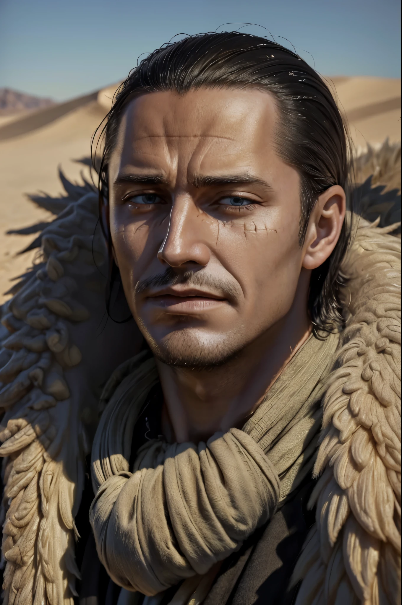 masterpiece, best quality, extremely detailed, hyperrealistic, photorealistic, a cool 40s man, ultra detailed face:1.1, fur-trimmed coat, scarf around the neck, looking at viewer, face turns to sand:1.2
