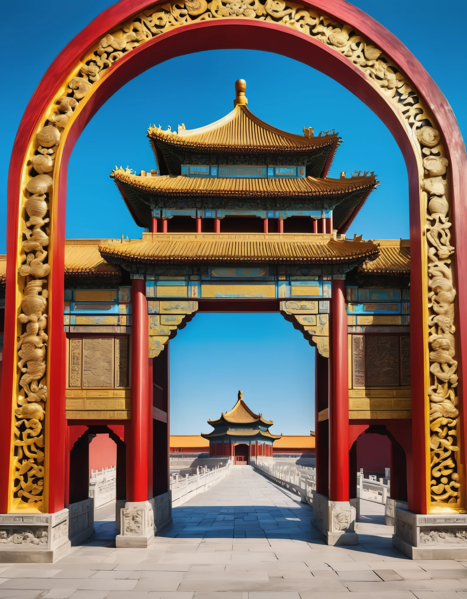 (Close-up of a huge flying arch), Symmetry, Elevation Angle, Rustic Renaissance Realism, Gold, Red, Yellow, Cyan, White, Black, Psychedelic Surrealism, Wood Sculpture, Organic Architecture, Background: Forbidden City of China, Blue Sky