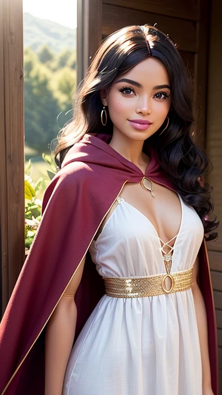 ((best quality: 1.5)) ((masterpiece: 0.8)), intricate details, sharp focus, professional, photorealistic, real life, realistic representation of the face, ((((solo, 1girl) muscular assassin, golden hour, (indian, smiling, god rays, [flat chest:medium breasts:0.6])))) dynamic action pose, homely face, in the style of realistic and hyper detailed renderings, mountain top, evening, setting sun, solo, BREAK; BREAK (((black wavy hair))), (blemish: 0.7), ((fujicolor)), BREAK; BREAK ((((barbie face, (summer dress), cloak)), photorealistic, hyper-realistic))
