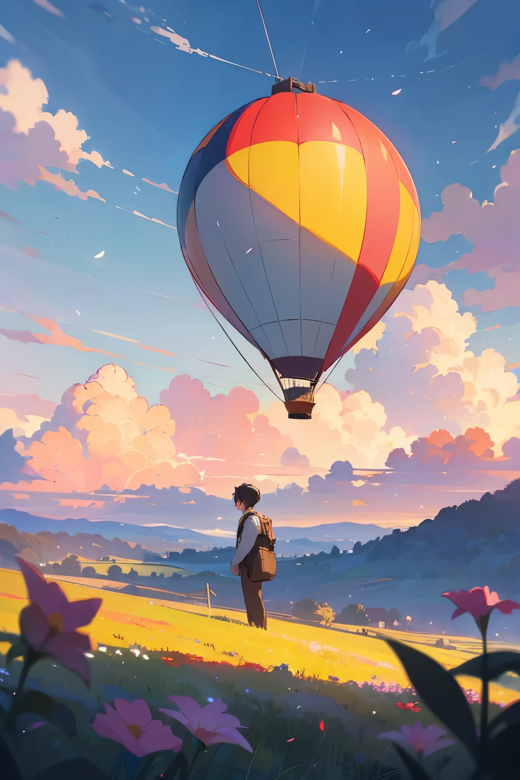 anime scenery of a field with flowers and a plane in the sky, beautifull puffy clouds. anime, anime clouds, anime countryside landscape, anime landscape, ross tran. scenic background, detailed scenery —width 672, rhads and lois van baarle, style of makoto shinkai, studio glibly makoto shinkai a handsome men traveler standing with a bag pack 8k resolution, high quality, shiny sky , in the sky a hot air balloon flying