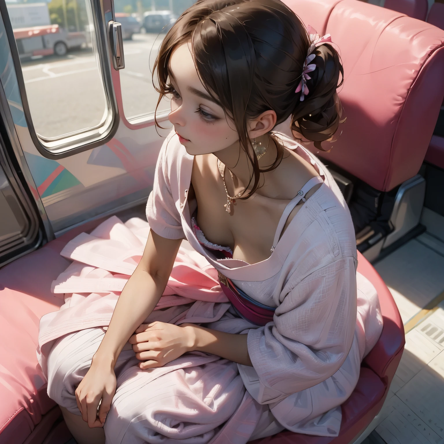 1 girl ,best quality, ultra highres, ultra detailed skin, physically-based rendering, small breasts, flat chest, downblouse,(**** japanese  student, decorated detailed bra , overlap short sleeved princess dress, small breasts, voluptuous ),sitting,  bending over in train, short hair, necklace ,close up,from left above ,focus on breasts ,high brightness 