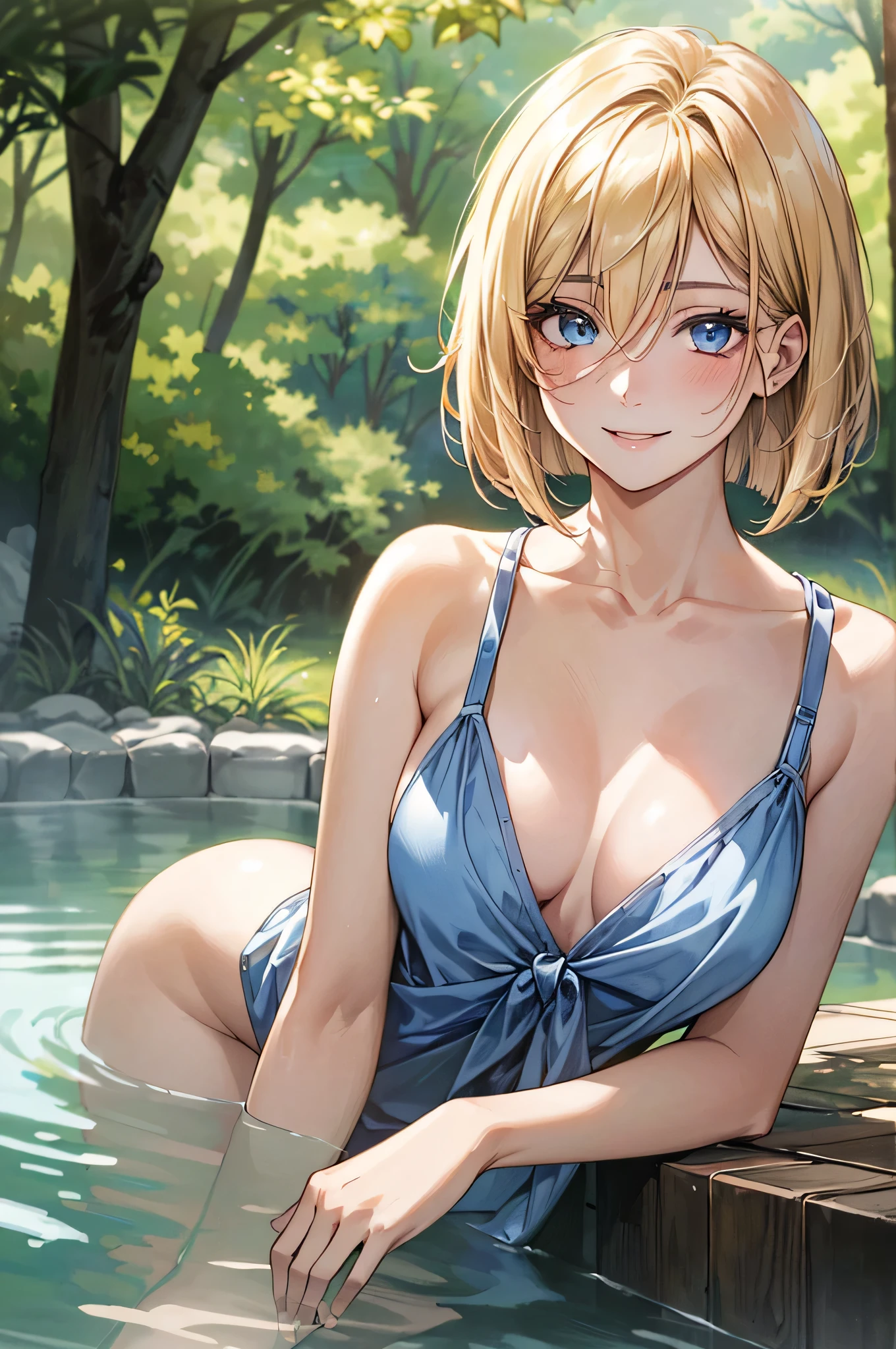 (masterpiece:1.3, highest quality), ultra high resolution, Super detailed, (realistic, photorealistic:1.4), beautiful illustrations, perfect lighting, colorful, written boundary depth,
1 girl, alone, , (normal breasts, , (blonde、one length bob:1.3)、Bob Wanlen、blue eyes、hair between eyes, slanted eyes, long eyelashes, Medium chest, beautiful hair, beautiful face, beautiful clavicle, beautiful body, beautiful breasts, beautiful feet, beautiful fingers, smile、(hot spring、open-air bath), sunlight filtering through the trees, head tilt,