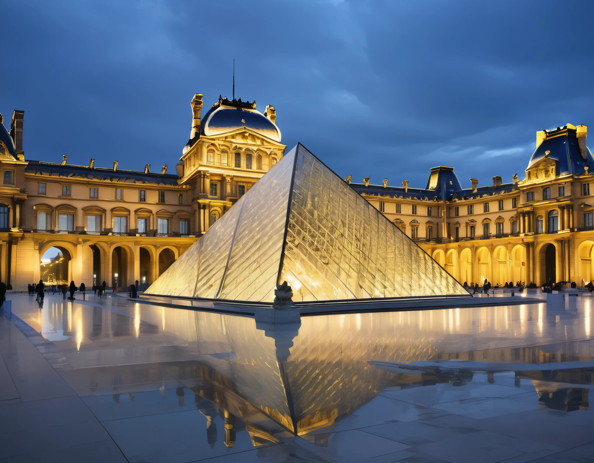 （Louvre museum palace golden glass pyramid）It was designed by Chinese architect Ieoh Ming Pei。World famous art palace，background；night