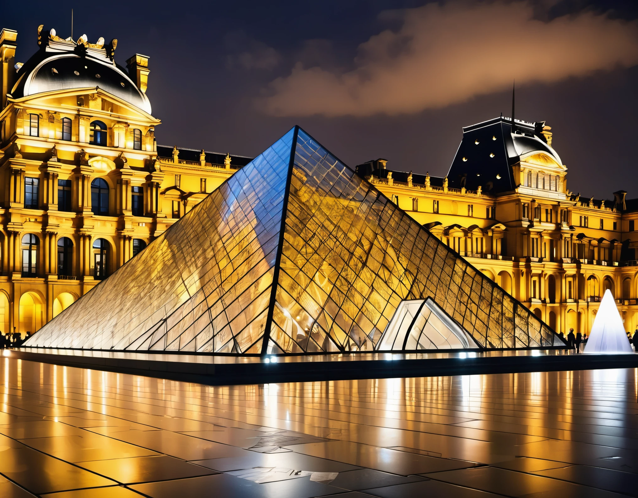 （Louvre museum palace golden glass pyramid）It was designed by Chinese architect Ieoh Ming Pei。World famous art palace，background；night