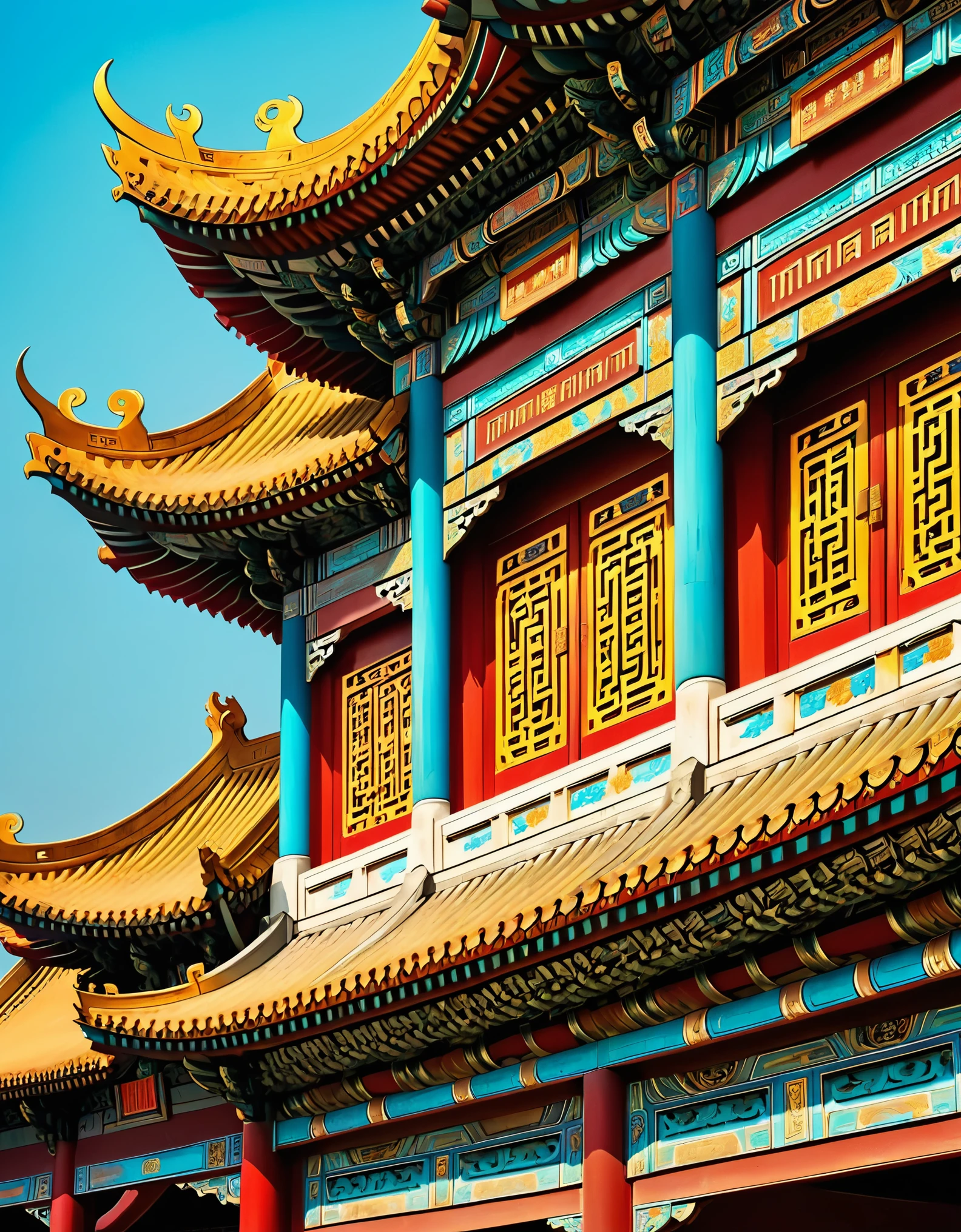 (Close-up of the eaves of the Forbidden City palace in China), flying eaves, intricate arch structures, rustic Renaissance realism, gold, red, yellow, cyan, white, black, psychedelic surrealism, wood carvings, organic architecture 