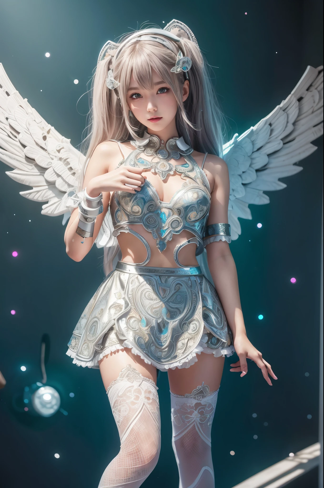 Cyborg, Girl, Beautiful girl, Cute, Sexy, Strong, Slender, Delicate, Smile, (Lolita costume), High legs, Metallic, ultra color, paisley, Headgear, mandalas, Near future, Heaven, angel, feater, wing, Helix lamp