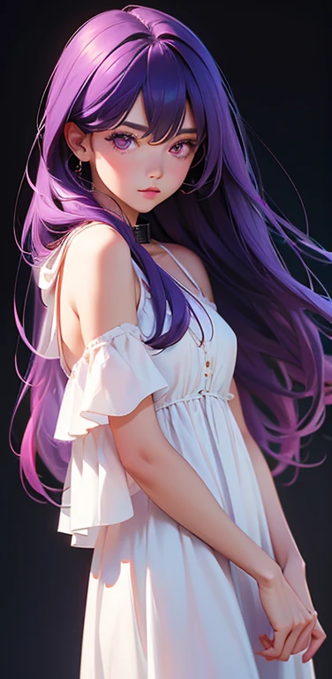(8K、highest quality、masterpiece:1.2)、super resolution、Realistic、(1girl) 、(purple hair)、long straight hair,red eyes、(forehead:1.2),(face focus,cowboy shot),(white simple dress :1.5)、(dark persona:1.3),(cute face)、,small breasts,(slave collar)