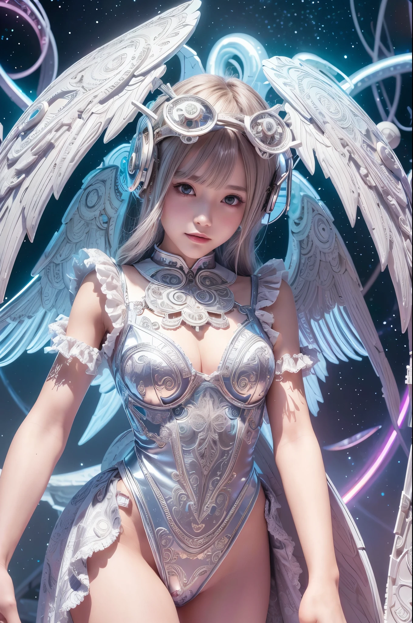 Cyborg, Girl, Beautiful girl, Cute, Sexy, Strong, Slender, Delicate, Smile, (Lolita costume), High legs, Metallic, ultra color, paisley, Headgear, mandalas, Near future, Heaven, angel, feater, wing, Helix lamp
