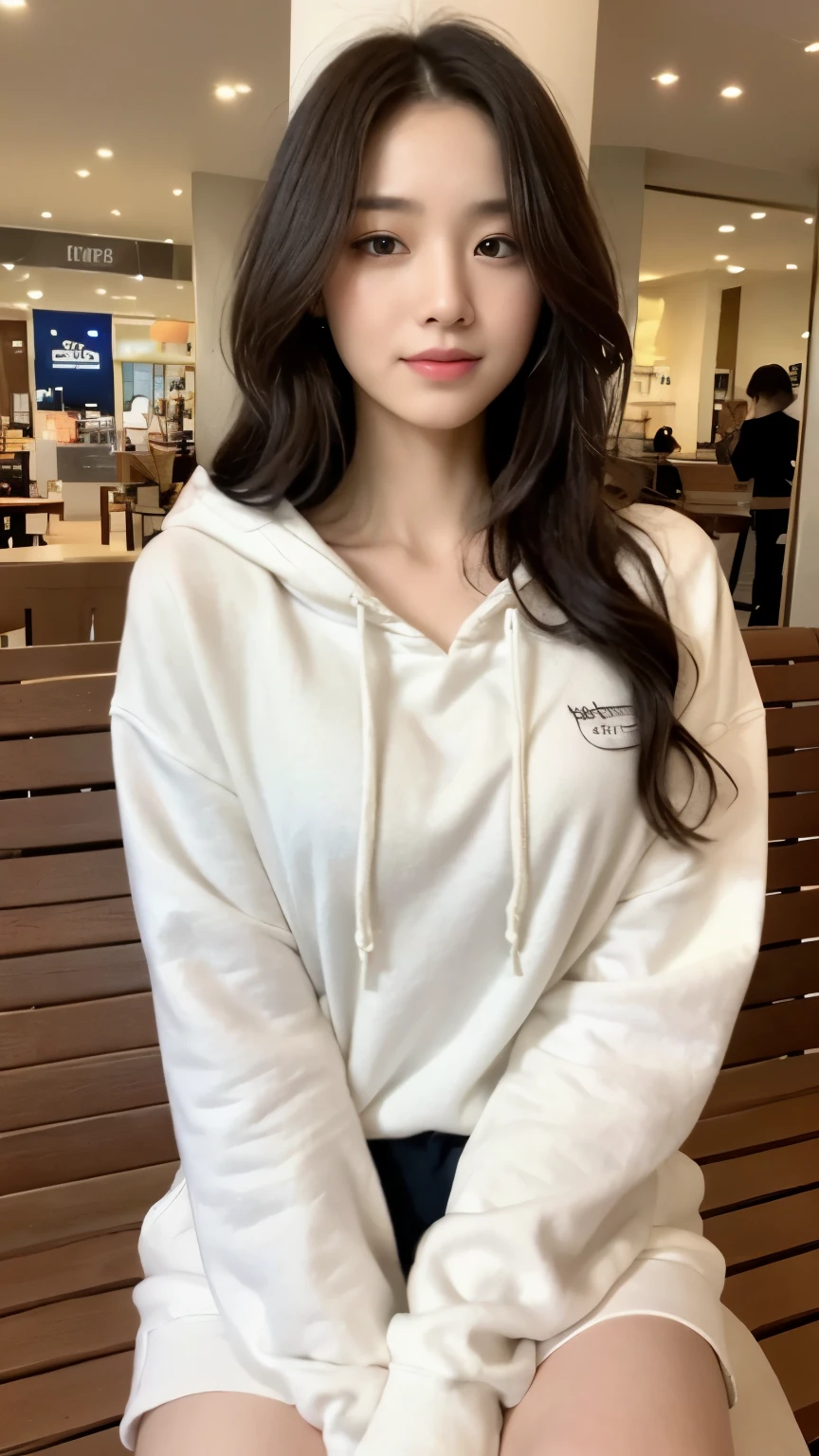 ((top-quality、8k、​masterpiece:1.3))、Beautiful woman with perfect body:1.4、slim abdomen:1.2、Longhair, normal breast, Highly detailed facial and skin texture, A detailed eye, delicate eyes, double eyelid, (smile), (full body shot), ((shopping mall)), ((sitting in bench 1.2)), ((wearing white hoodie)), looking in front