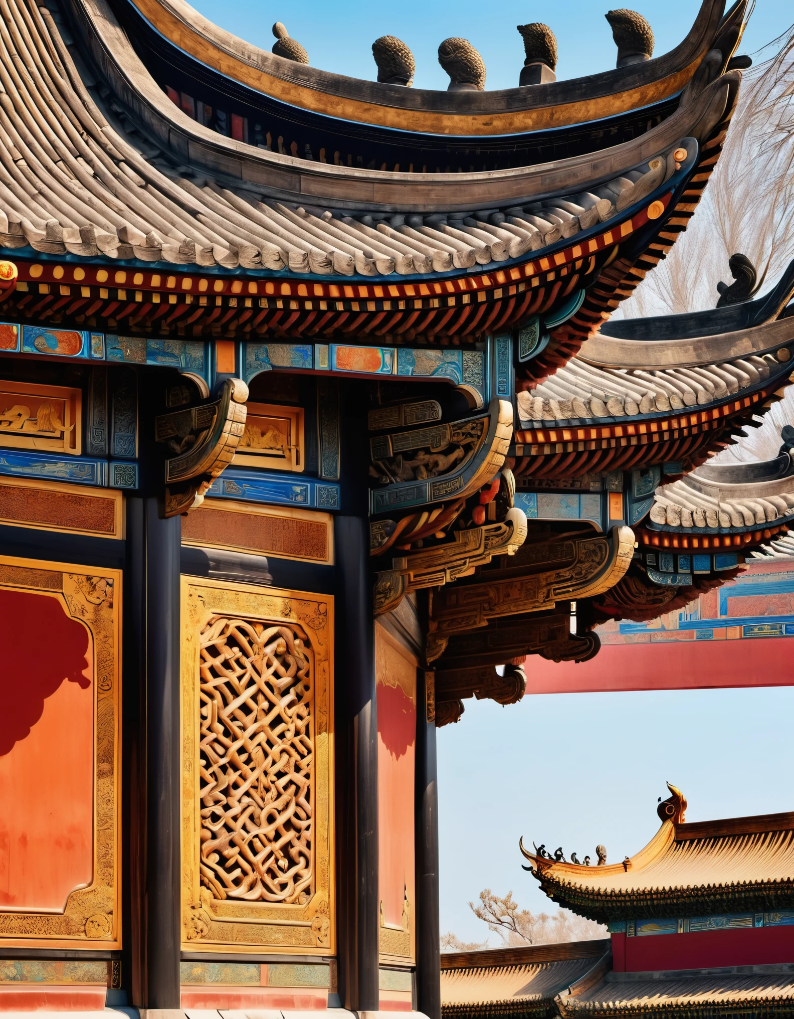 Close-up of the eaves of the Forbidden City palace in China, flying buttresses, rustic renaissance realism, light blacks and browns, psychedelic surrealism, wood carvings, organic architecture