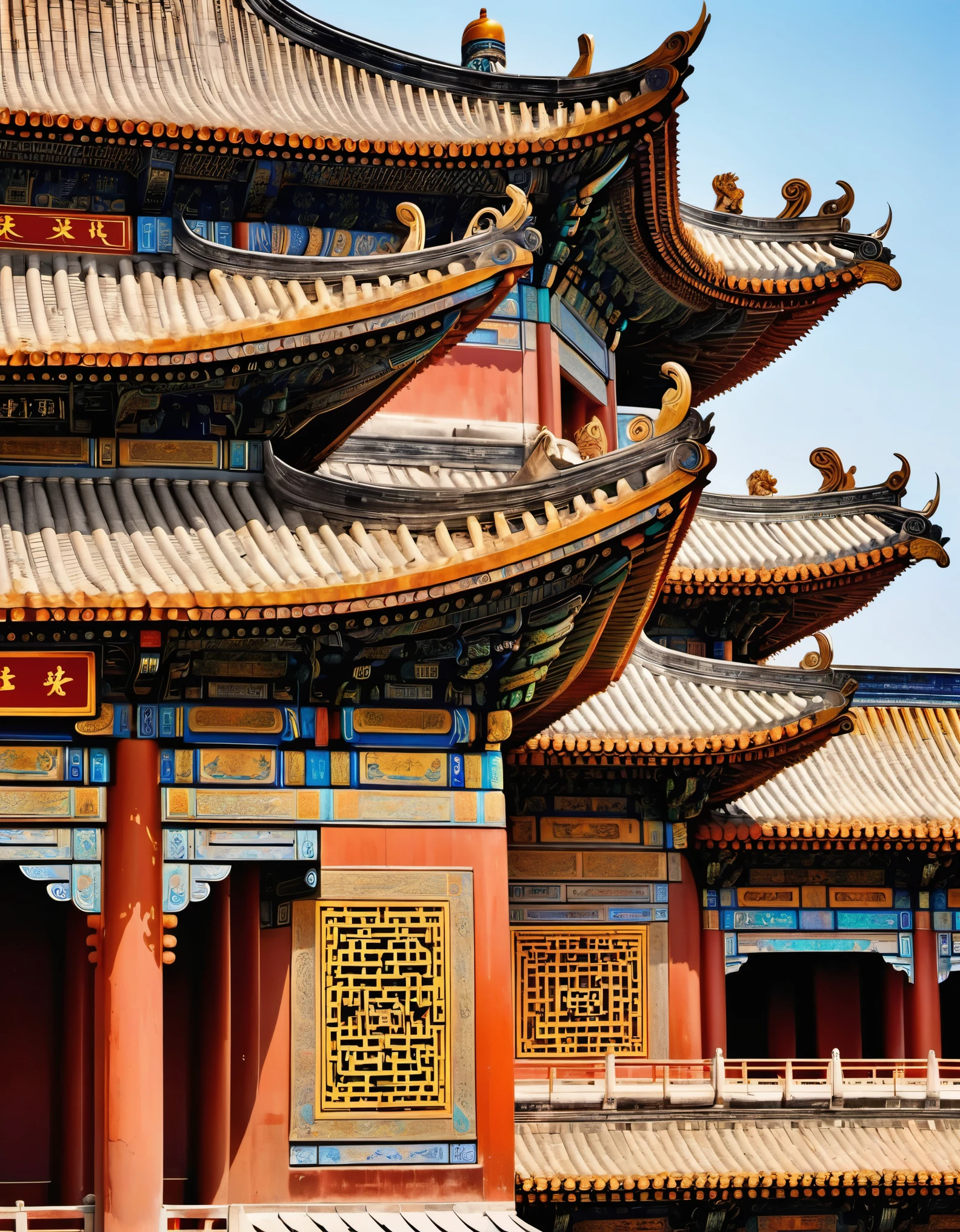 Close-up of the eaves of the Forbidden City palace in China, flying buttresses, rustic renaissance realism, light blacks and browns, psychedelic surrealism, wood carvings, organic architecture 