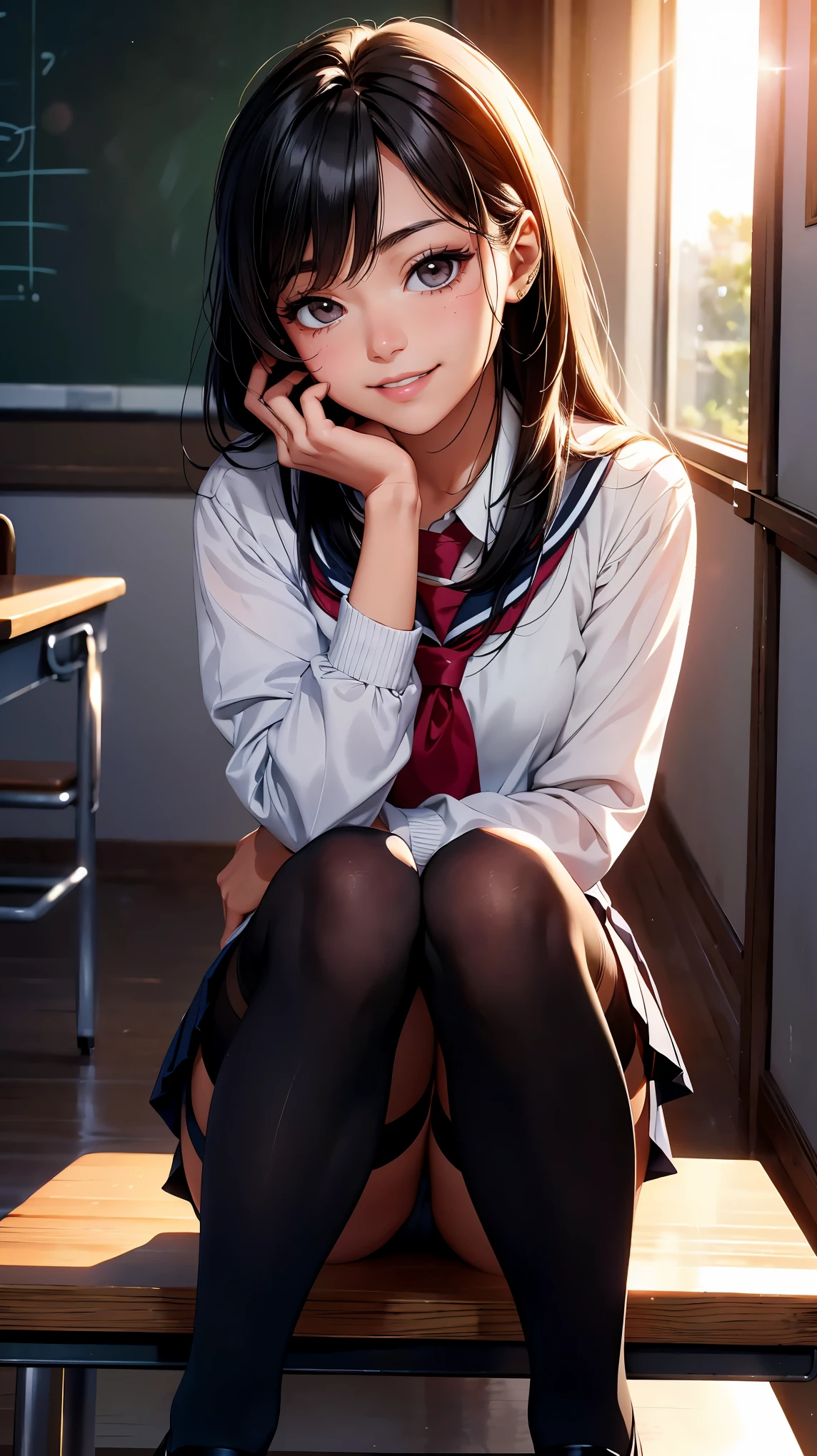 concept:A portrait of a beautiful woman。 quality:(最高quality, 4k, High resolution, masterpiece:1.2), Super detailed, (real, photorealistic:1.37), illumination:cinematic light, Bright colors and mesmerizing effects, 柔らかく繊細なillumination, gentle shine, Lens flare, Beautiful and gentle atmosphere throughout the scene, Subject information:alone, ((young woman)), (round eyes), (small face), (high detail skin:1.2), long eyelashes, glossy lips, (black hair, long straight, reddish brown eyes), slim body shape:1.4, Highly detailed face and skin texture, (Happy smile:1.2), facing the front:1.2, photo shootのためポーズをとる, (((school uniform, girls school uniform:1.2, 40 denier stockings))), Other details:after school:1.5, standing pose:1.2, beautiful skin, shiny skin, perfect fingers, five fingers, anatomically correct, background bokeh, Lens flare, 500㎜, f/4, photo shoot,