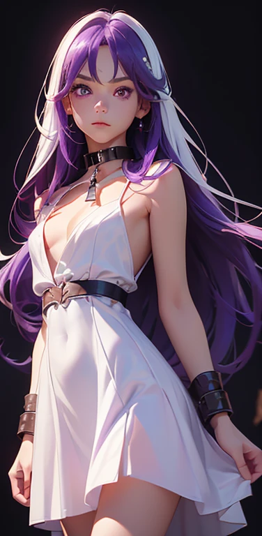 (8K、highest quality、masterpiece:1.2)、super resolution、Realistic、(1girl) 、(purple hair)、long straight hair,red eyes、(forehead:1.2),(face focus,cowboy shot),(white simple dress :1.5)、(dark persona:1.3),(cute face)、,small breasts,(slave collar:1.5)