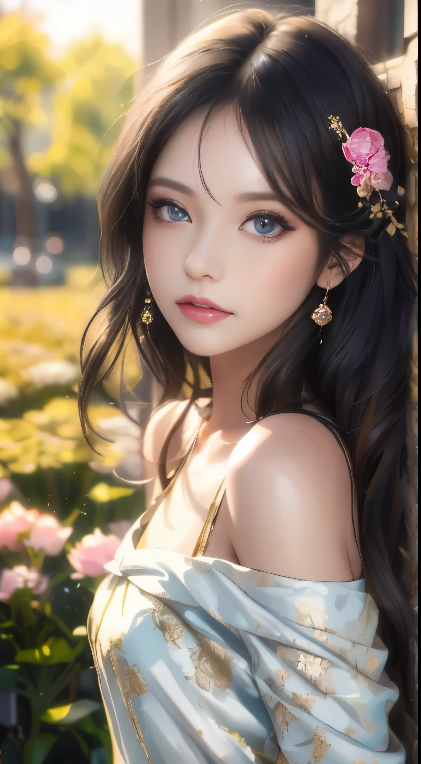 best qualtiy，tmasterpiece，hight resolution，1girll，dingdall effect，realisticlying，edge lit，two tone lighting，（highdetailskin：1.2），8K UHD，pure，Dolce，flowers background，Colorful background，Based on physical rendering，Perfect Light and Shadow，extreme hight detail，Pink tones，eye reflections，Raised sexy，perfect bodies，Superb Beauty，largeeyes，long eyelasher，Delicate eyes，big shiny eyes，Small pupil reflex，Shoulder and neck details，The texture of the pupil is delicate，Perfect eyes，black pupils，best qualtiy，tmasterpiece，16 K，a picture，head portrait，Bigchest，long-sleeve，Take care of your chest，Large breasts，Delicate avatars