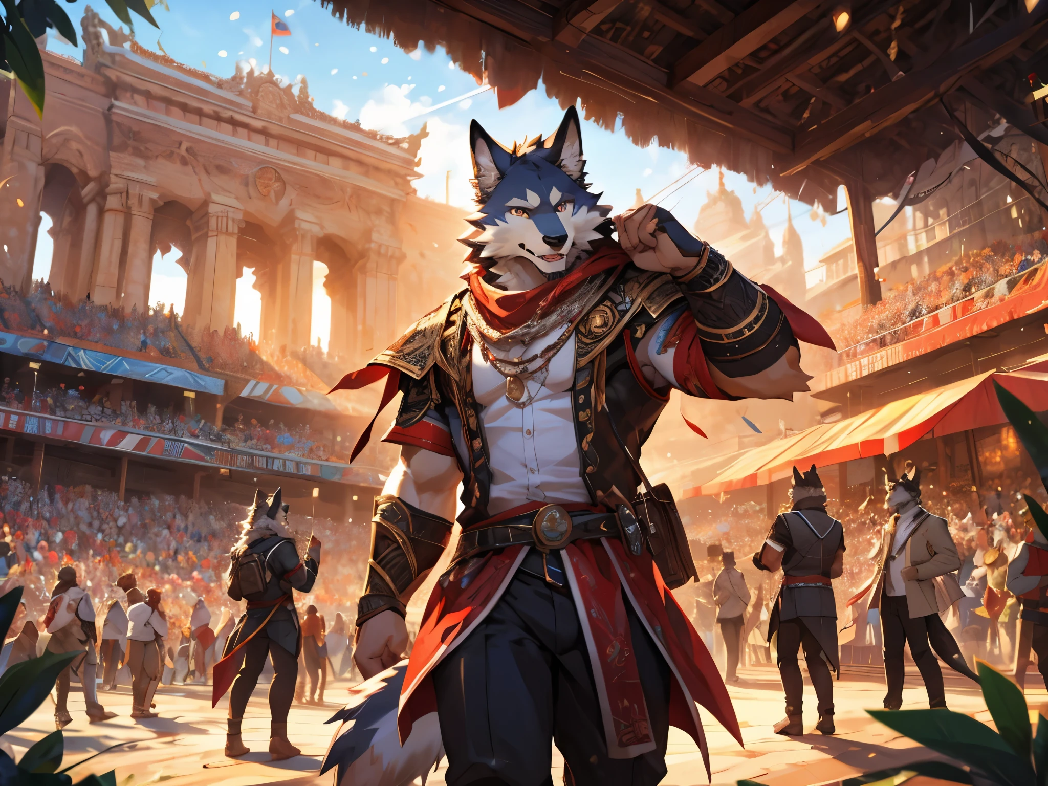 hairy,Beast field,anthropology, Ten years old,Beast,,bust,male,Solitary, Wolf,Wolf ears,Wolf tail, Blue fur,Yellow eyes,Heart pupil, Looking at the audience, Happy smile, Open mouth slightly,Standing,Show your upper body,Abdominal muscles,Complex background,field,Home,Wolf尾,