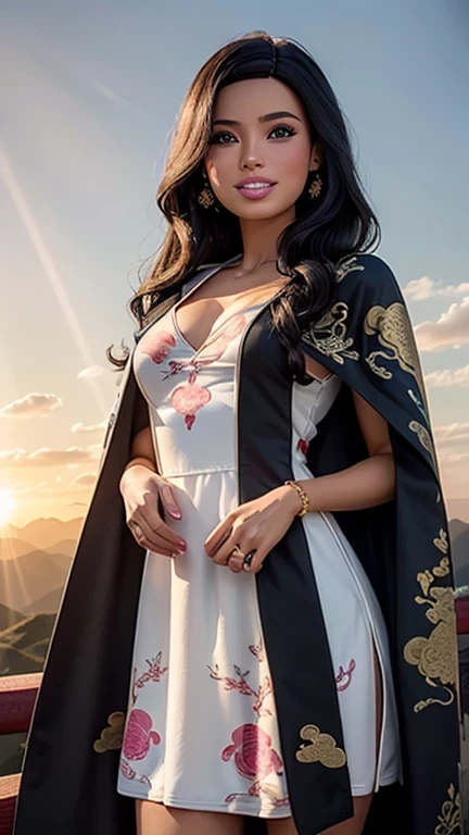 ((best quality: 1.5)) ((masterpiece: 0.8)), intricate details, sharp focus, professional, photorealistic, real life, realistic representation of the face, ((((solo, 1girl) muscular assassin, golden hour, (indian, smiling, god rays, [flat chest:medium breasts:0.6])))) dynamic action pose, homely face, in the style of realistic and hyper detailed renderings, mountain top, evening, setting sun, solo, BREAK; BREAK (((black wavy hair))), (blemish: 0.7), ((fujicolor)), BREAK; BREAK ((((barbie face, (chinoiserie summer dress), cloak)), photorealistic, hyper-realistic))