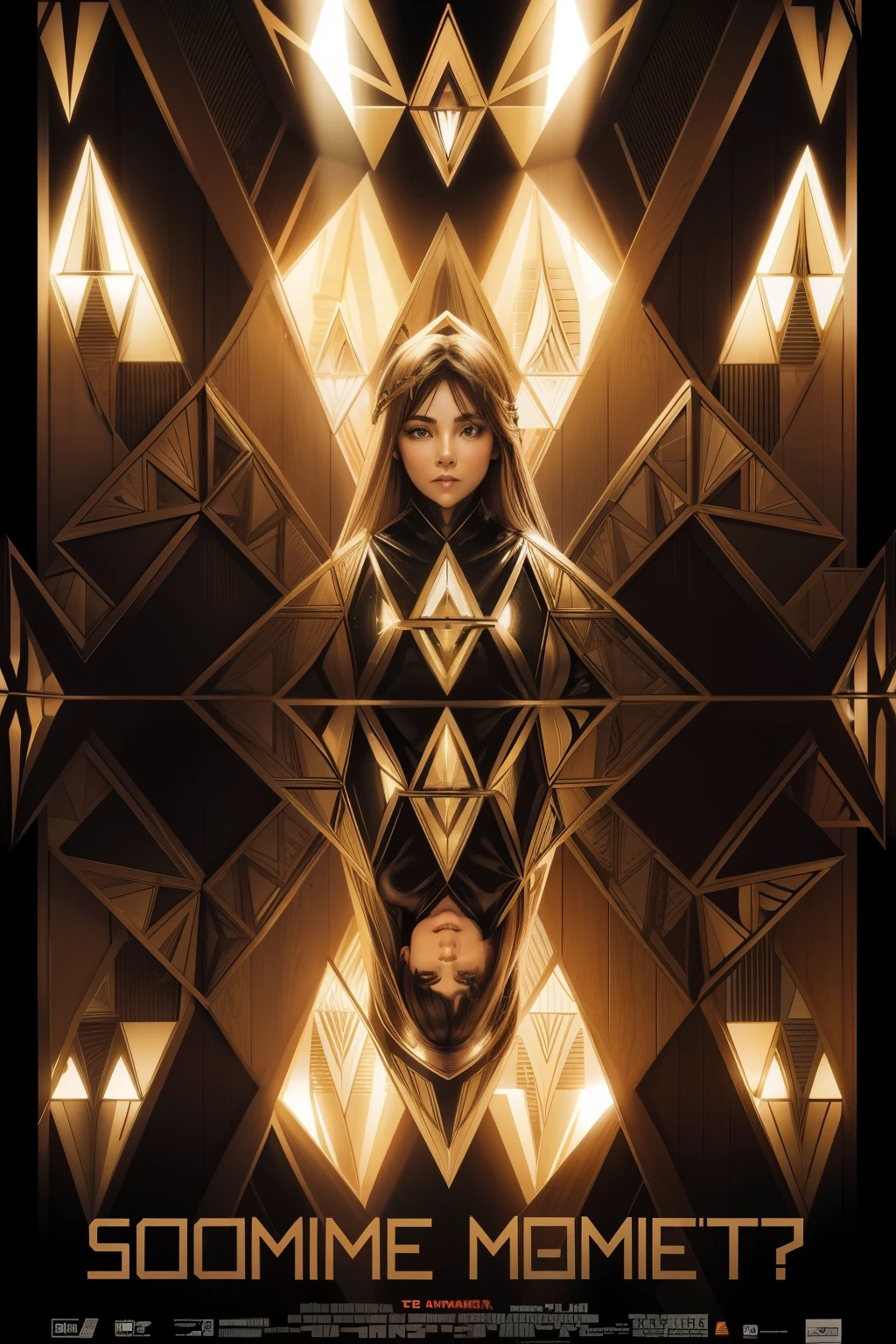 movie Poster, masterpiece, Best Quality, Standing busty mature woman, (text in "Symmetry!":1.5)