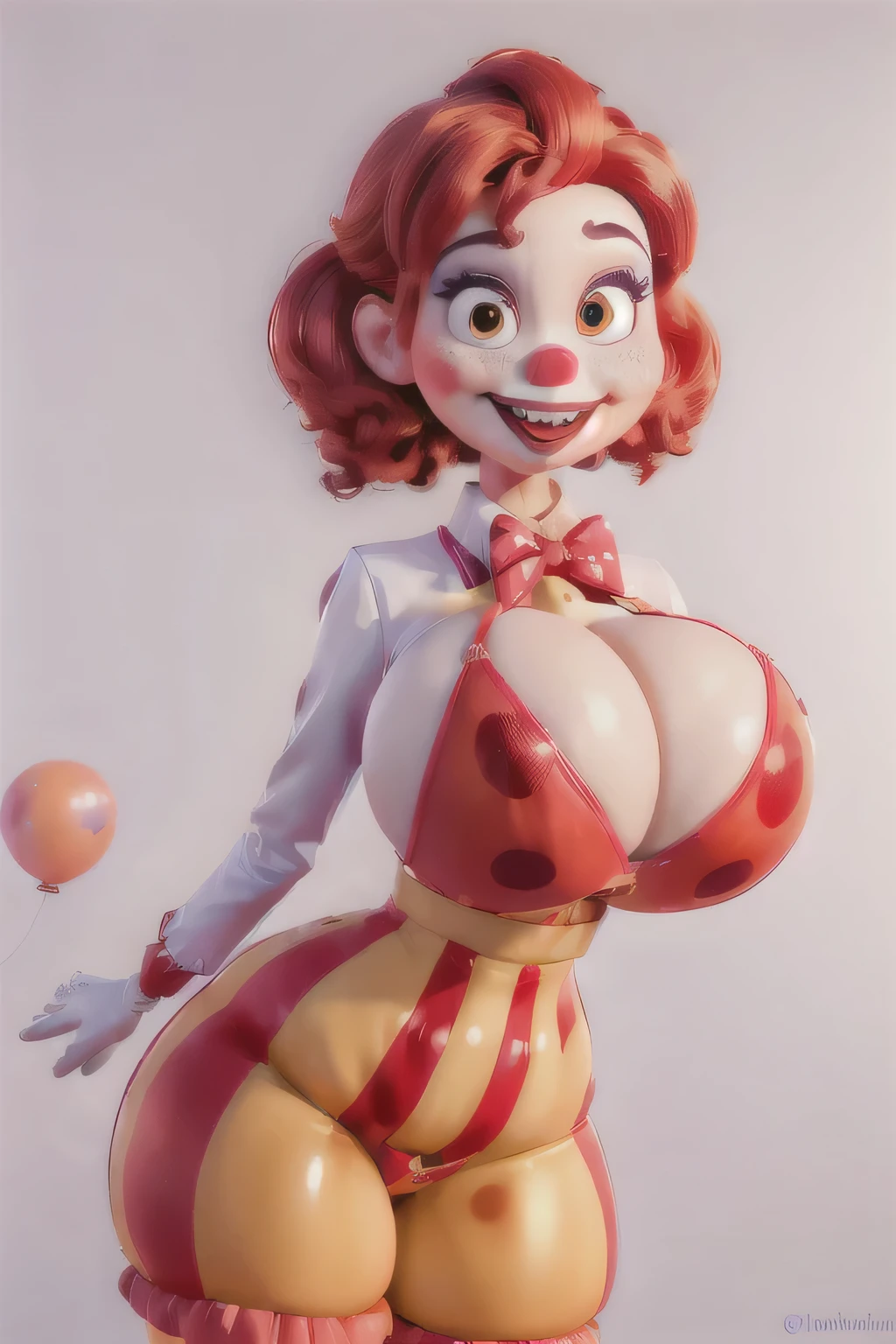 masterpiece, best quality, blush, sexy 3D pixar style clown girl character wearing a clown themed suit and tie with polka dots, big red clown nose ball, clown makeup, standing with hands on hips, huge fake breasts, spherical breasts, floating breasts, whimsical formal clothing, clown suit, sexy clown girl, thin waist, levitating breasts, big oversized polka-dotted bowtie, big clown bowtie, big shirt collar, oversized shirt collar, polkadot patterns on clothes, pointy big nipples pointing inside clothing fabric, cartoon pixar clown girl, emphasized breasts, spherical breasts, circle shaped breasts, big happy smile, background is fully blank and white, white background, solo character, round inflatable breasts, impossible breasts, balloon breasts, air blow-up breasts, air inflated breasts, cameltoe, upskirt, crotch bulge, latex panties, formal suit and tie, elegant shiny suit and tie, bimbo, big bimbo lips, red lipstick, red painted lips, up close portrait view, wide open eyes, blank stare, stupid and lost stare expression, staring straight ahead, drooling, clown girl with big buck teeth, huge two front teeth, buck teeth