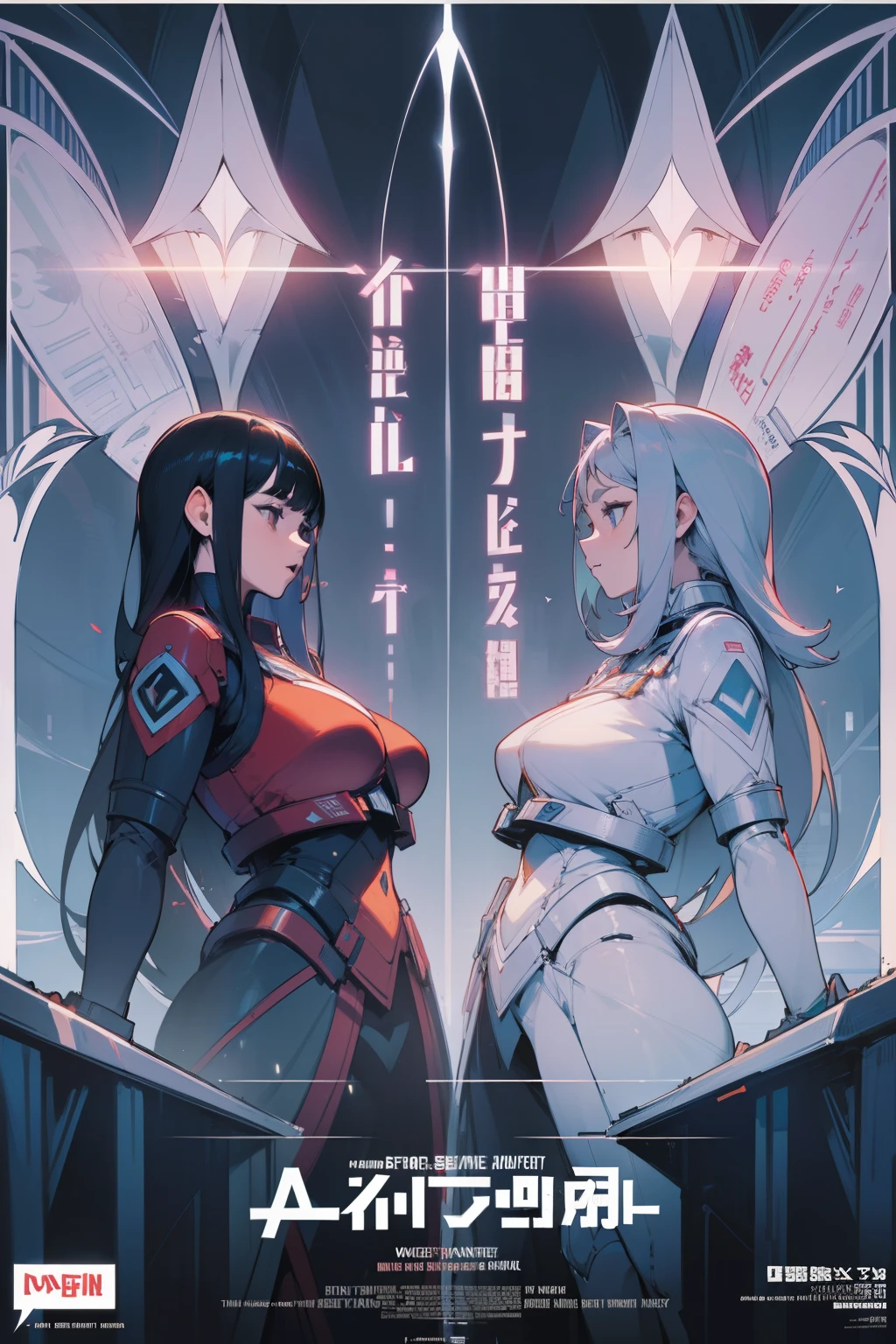 movie Poster, masterpiece, Best Quality, Standing busty mature woman, (text in "Symmetry!":1.5)